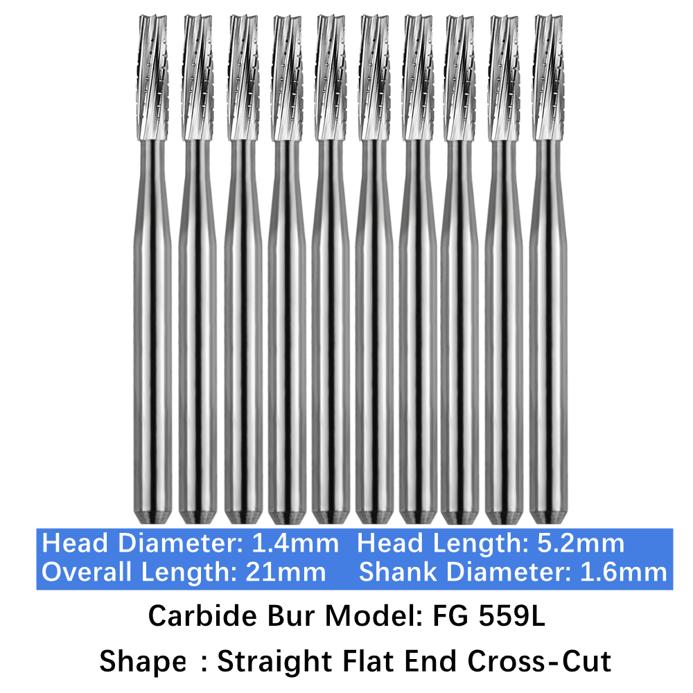 10-100pcs FG 559L Dental FG Carbide Burs Long Shank Straight Flat End Cross-Cut
