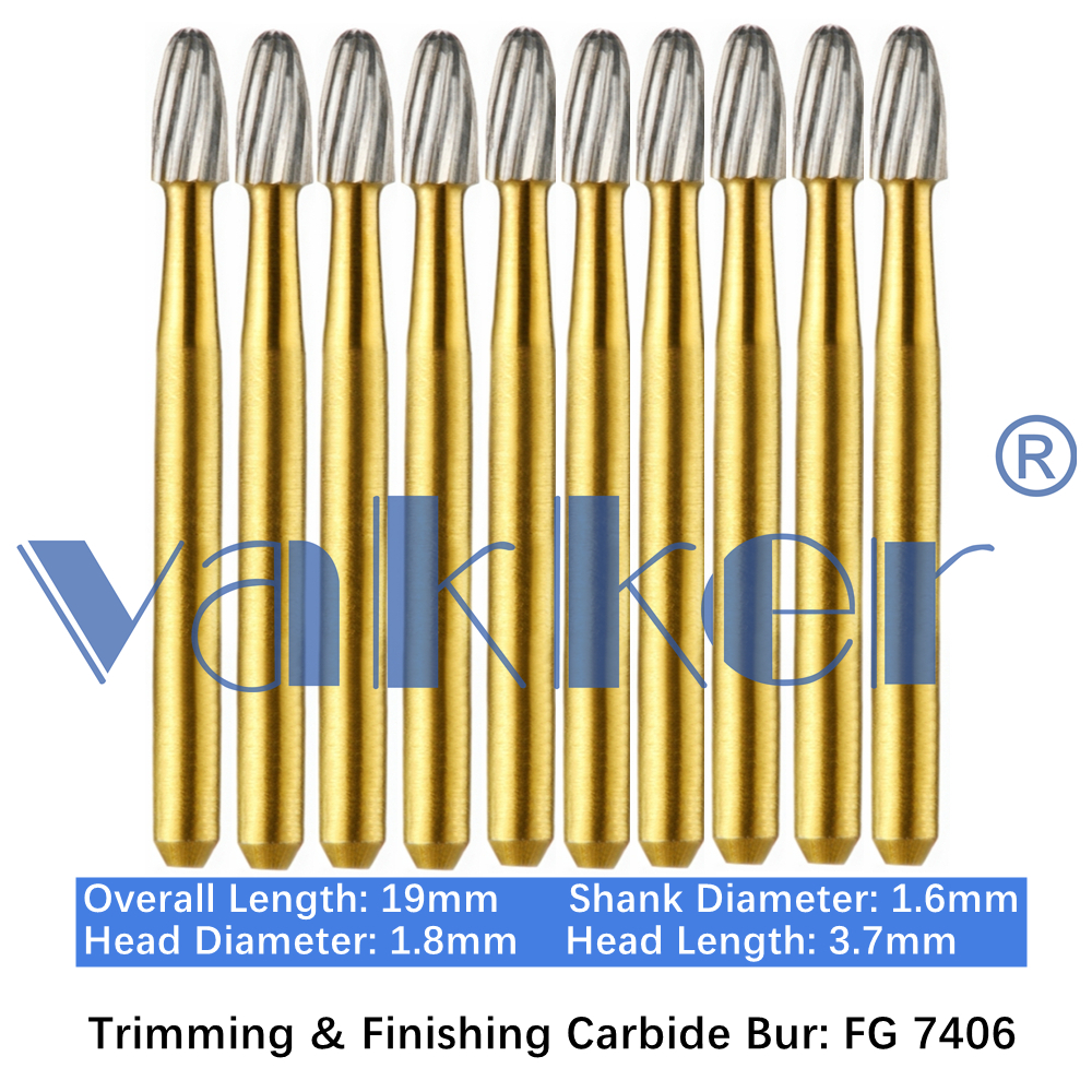 10-100pcs Vakker Dental Trimming & Finishing Gold Burs Egg Carbide Burs FG 7406