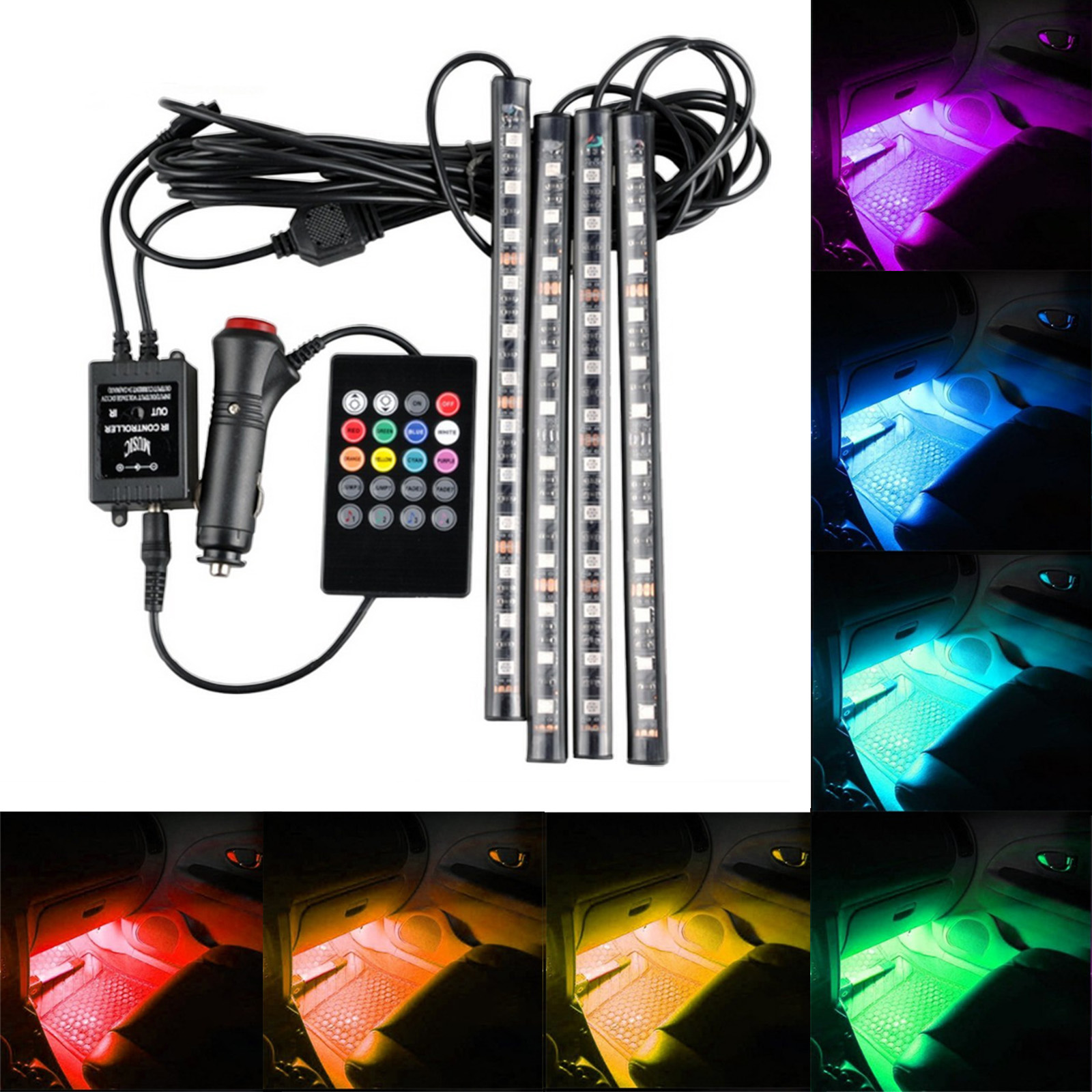 4x RGB Car LED Interior Strips 12 SMD Atmosphere Under dash Accent ...