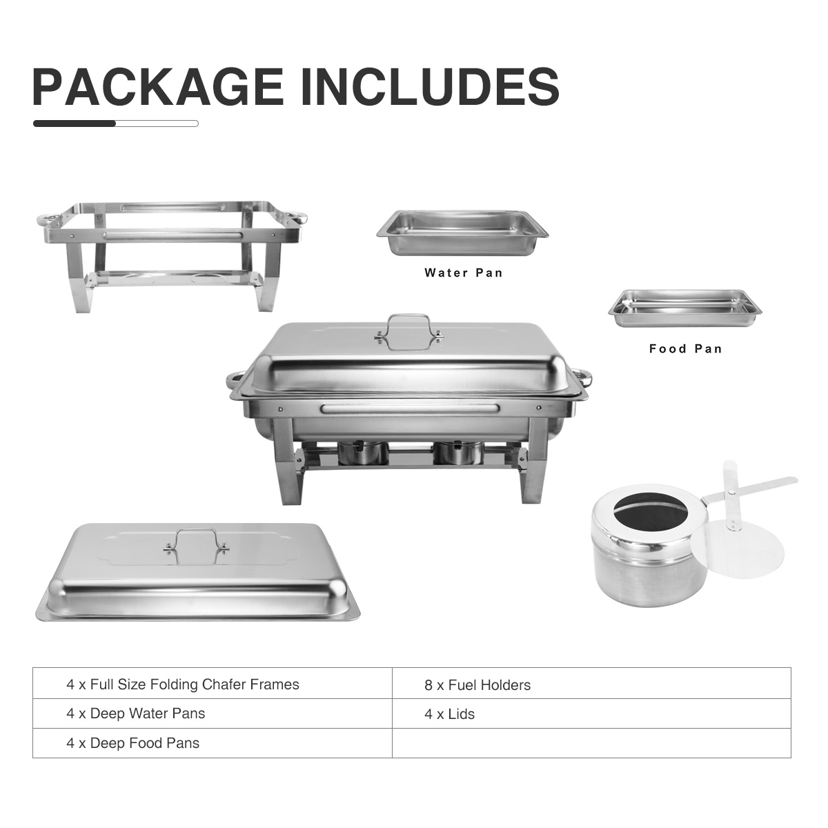 Stainless Steel 9L/8Q 4Pack Chafing Dish Sets Chafer Catering Pans