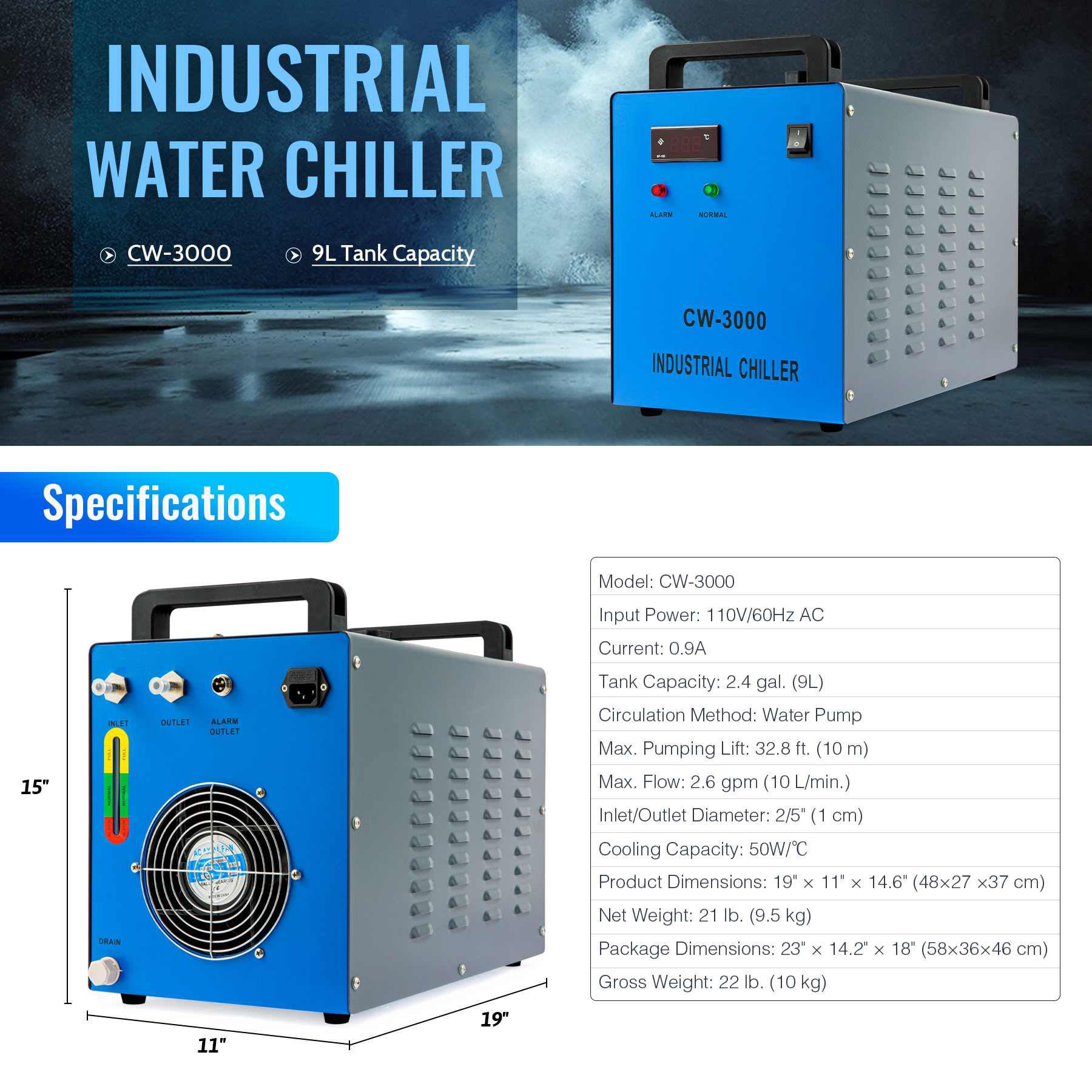 OMTech Water Chiller CW3000 for 50100W CO2 Laser Tubes and Lab
