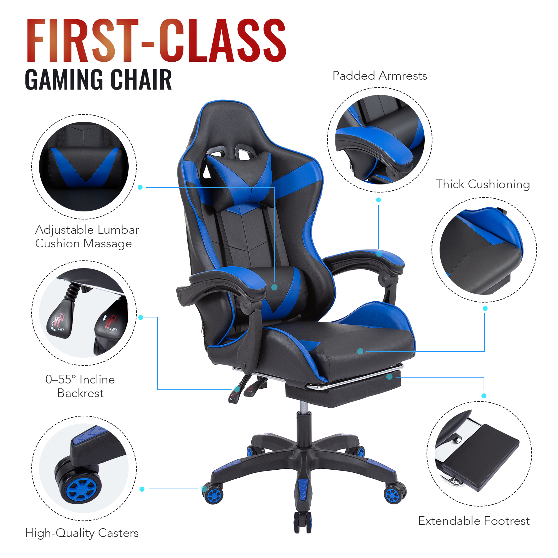 Massage Lumbar Cushion Racing Gaming Chair Reclining Backrest