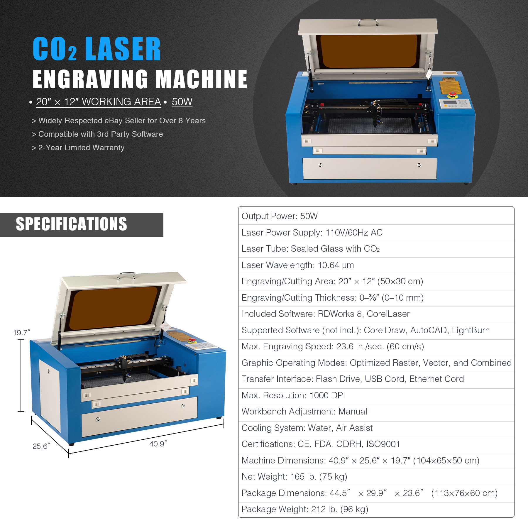 OMTech 50W 20"x12" CO2 Laser Engraver Cutter Engraving Machine with