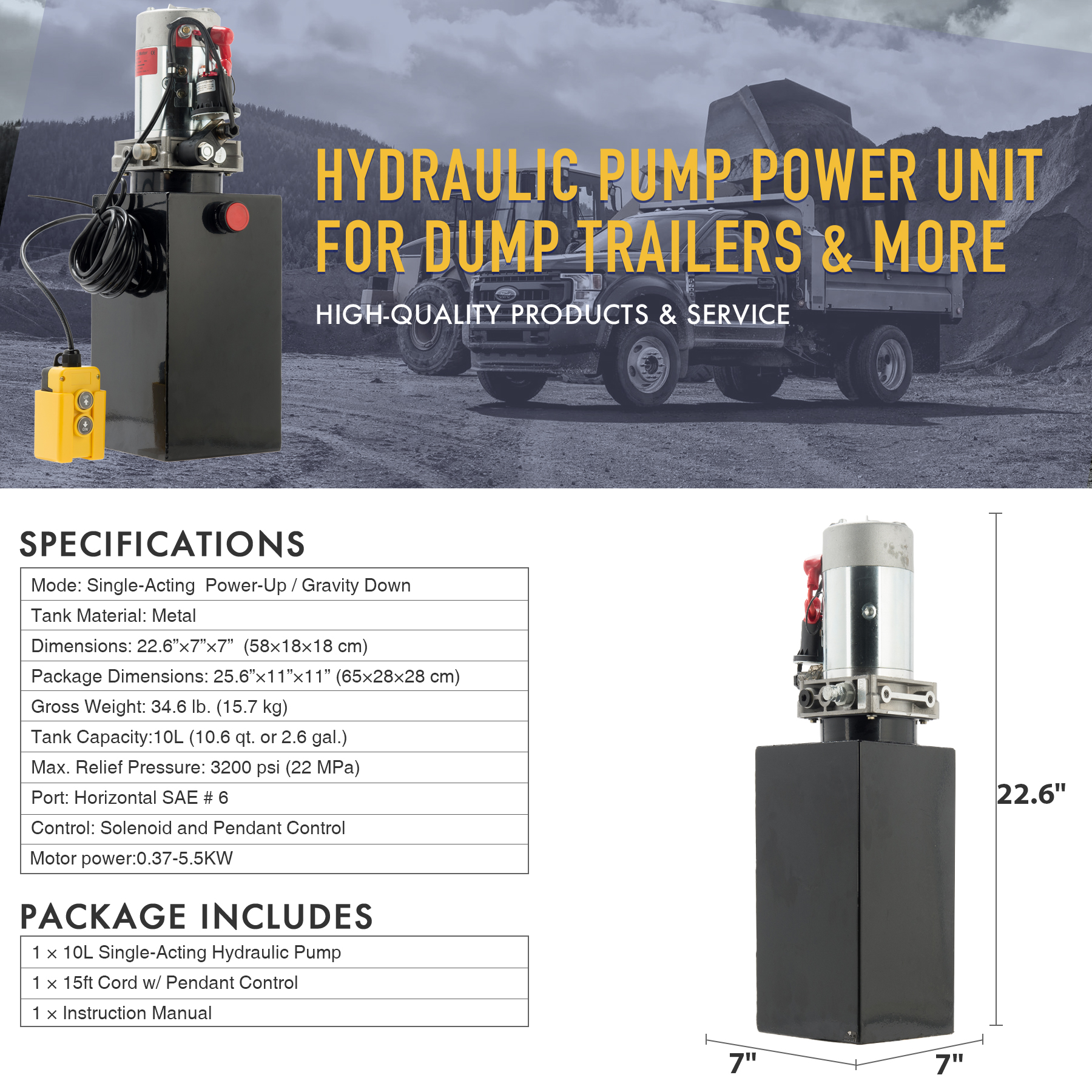 12 Volt Single Acting Hydraulic Pump for Dump Trailer 10 Quart Metal