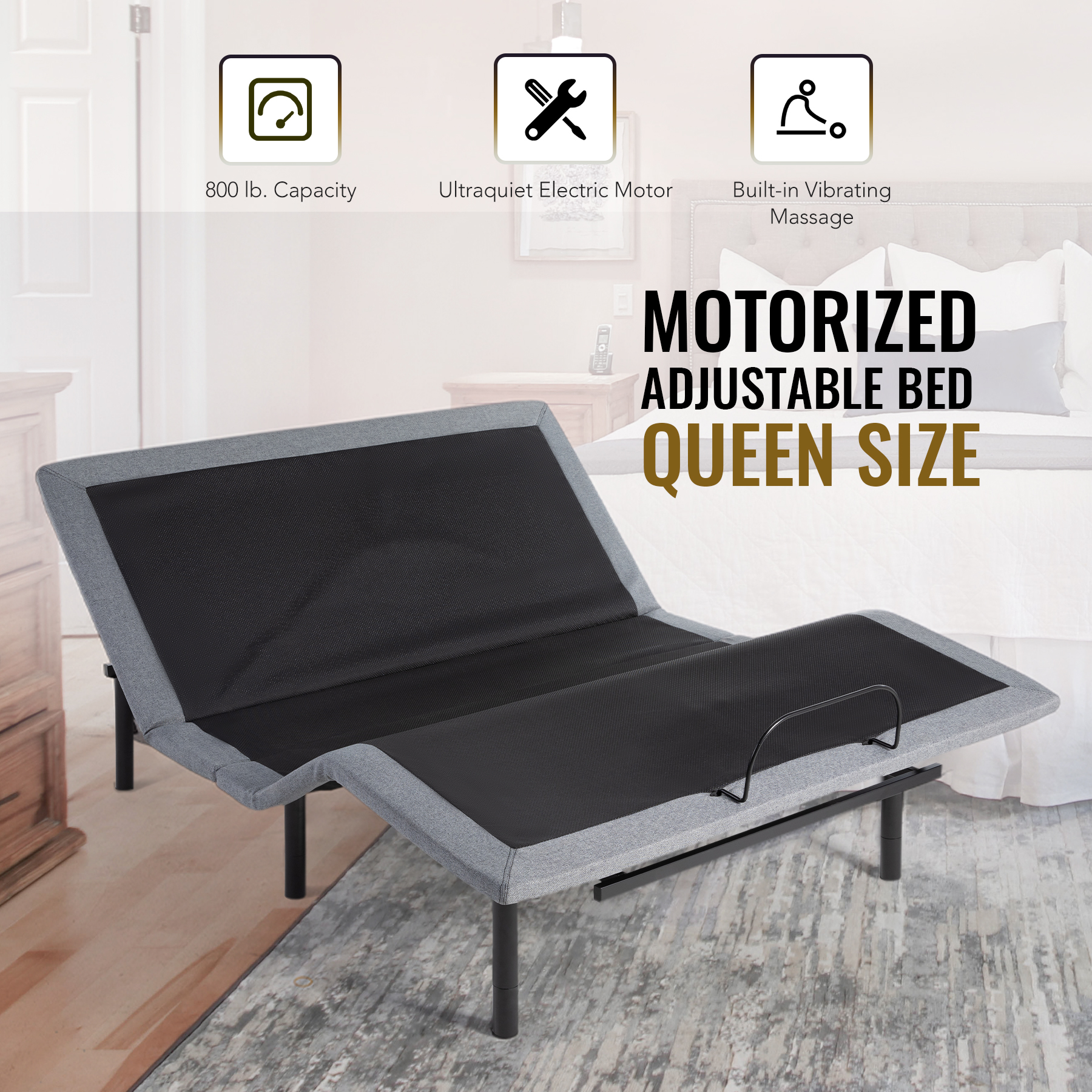 Adjustable Bed Frame Motorized Base with Remote Control USB Charging
