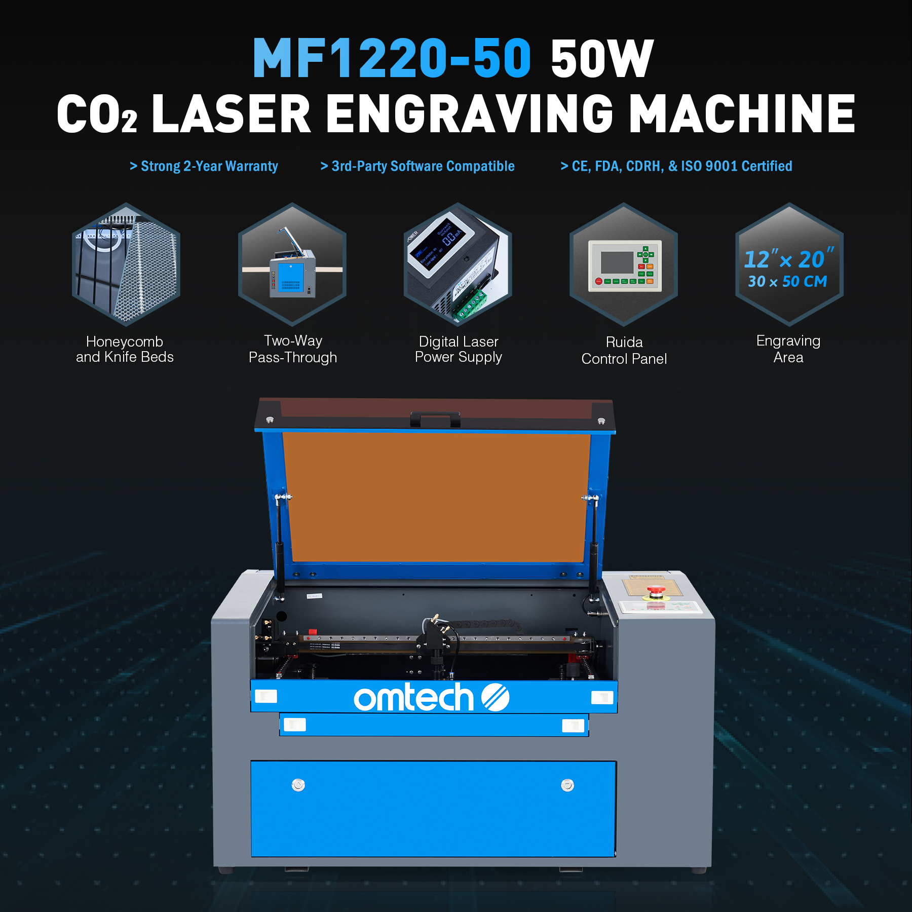 OMTech Upgraded CO2 Laser Engraver Cutter 50W 12x20 Cutting Engraving  Machine