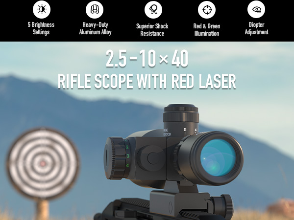 thumbnail interactive-video image 1 of 2.5-10x40 Rifle Scope With Red/Green Mil-Dot Illumination & Red Laser – Picatinny Mount 1 of 6