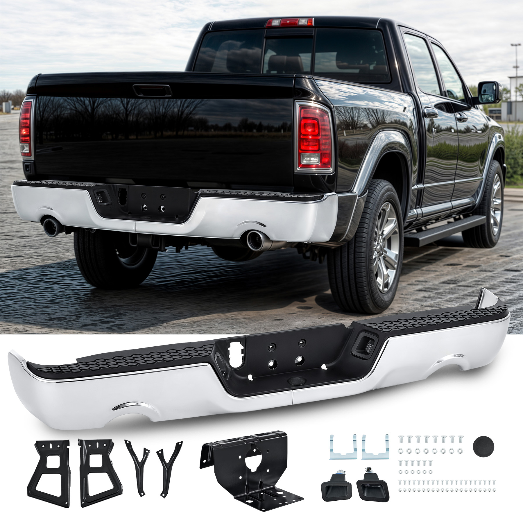 thumbnail image 2 of Chrome Rear Step Bumper For 2009-2023 Ram 1500 Classic – Dual Exhaust, No Sensors, Orion Motor Tech 2 of 5