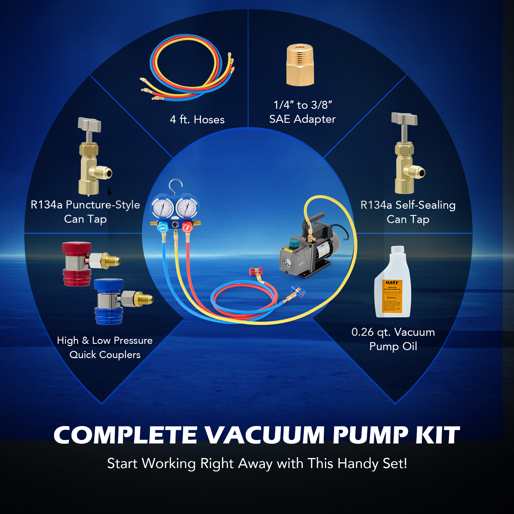 4CFM OMT Air Vacuum Pump HVAC Manifold Gauge Set AC A/C Refrigeration ...