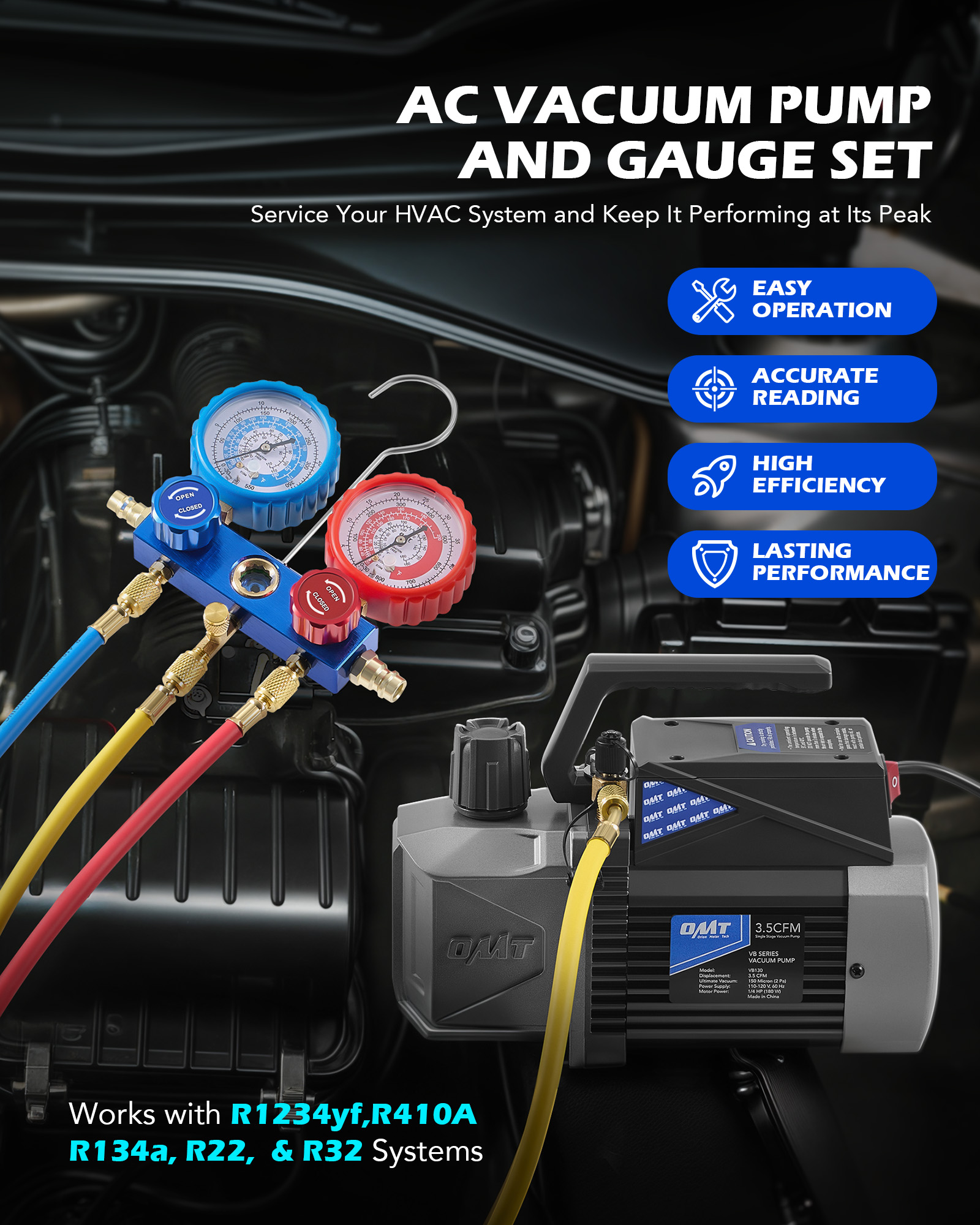 4CFM OMT Air Vacuum Pump HVAC Manifold Gauge Set AC A/C Refrigeration ...