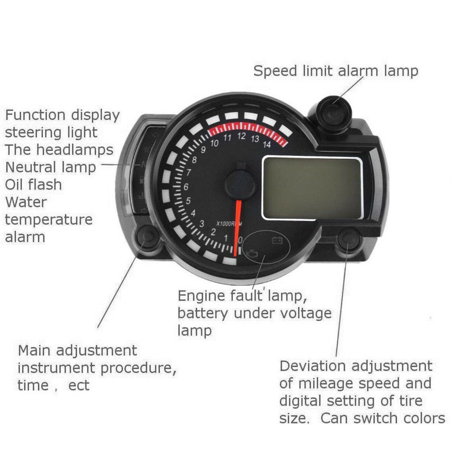 15000rpm Motorcycle Lcd Digital Speedometer Tachometer