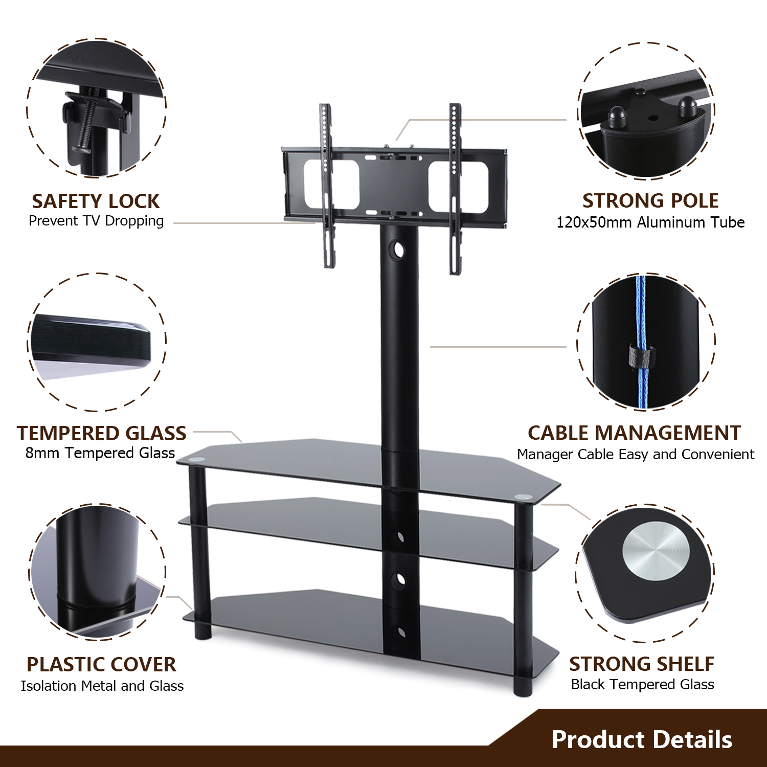 Swivel Glass TV Stand With Height Adjustable Mount for 3270 inch Flat