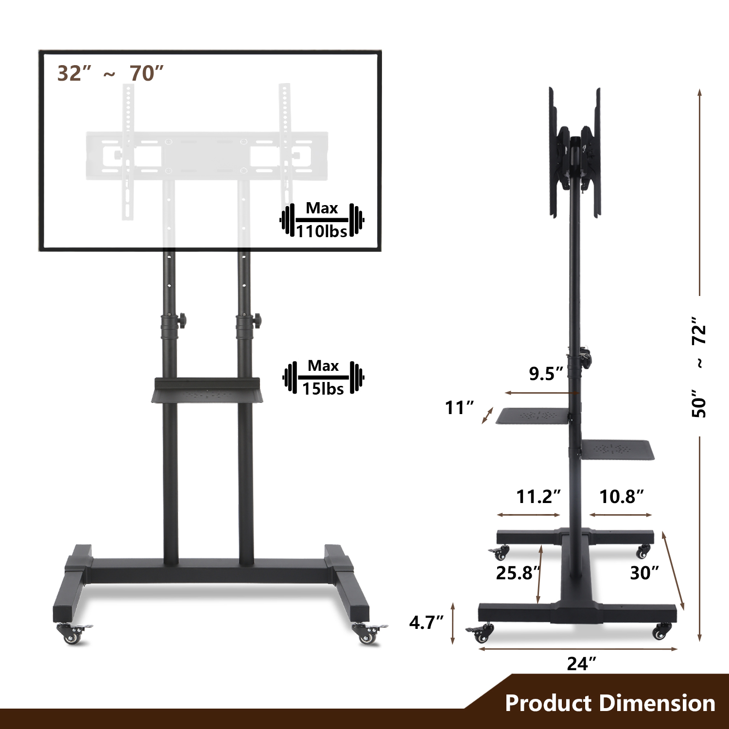  Rfiver Universal Swivel Mobile TV Stand Rolling Cart for 32-75  Inch Flat Screen TV Monitor, Tall TV Stand with Mount and Wheels Portable  for Home Office, Max Vesa 600x400 mm 