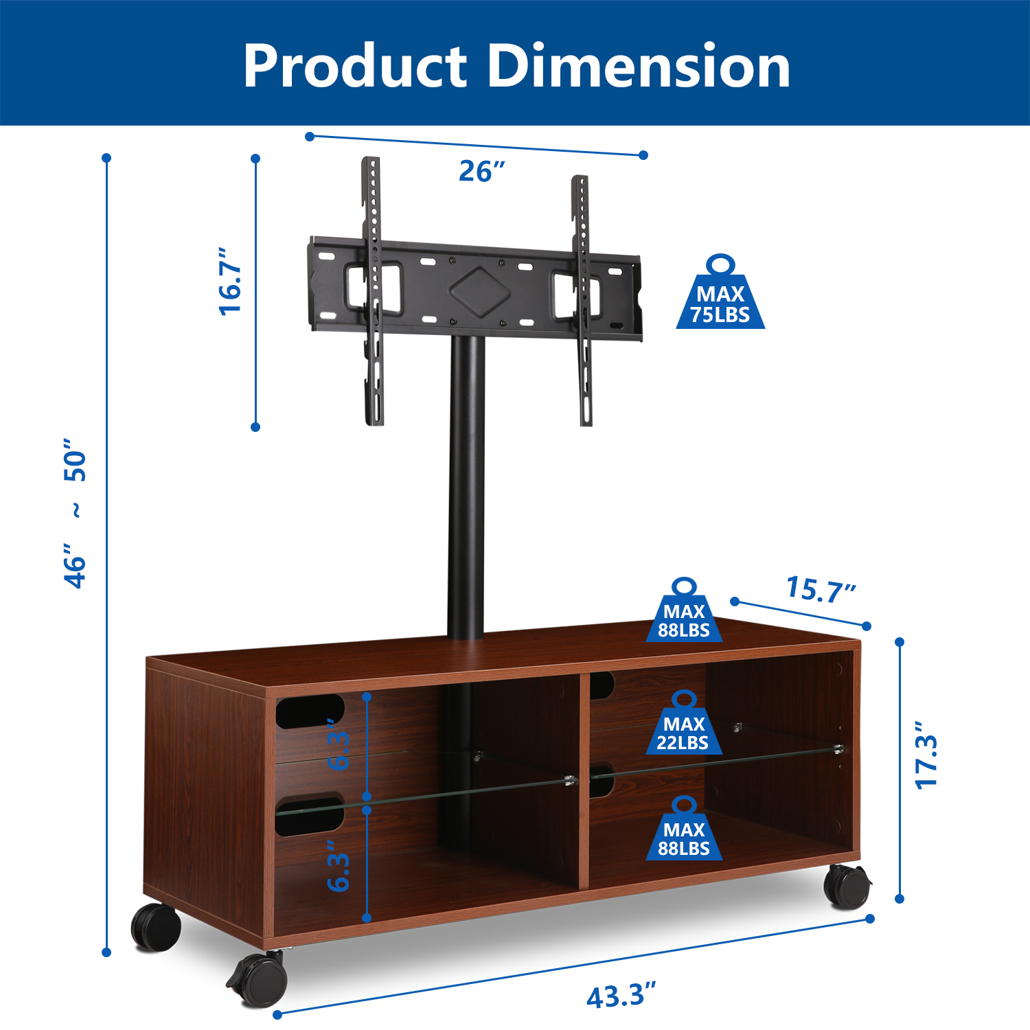 Rolling Wood TV Stand with Swivel Mount Height Adjustable for 32-65 ...