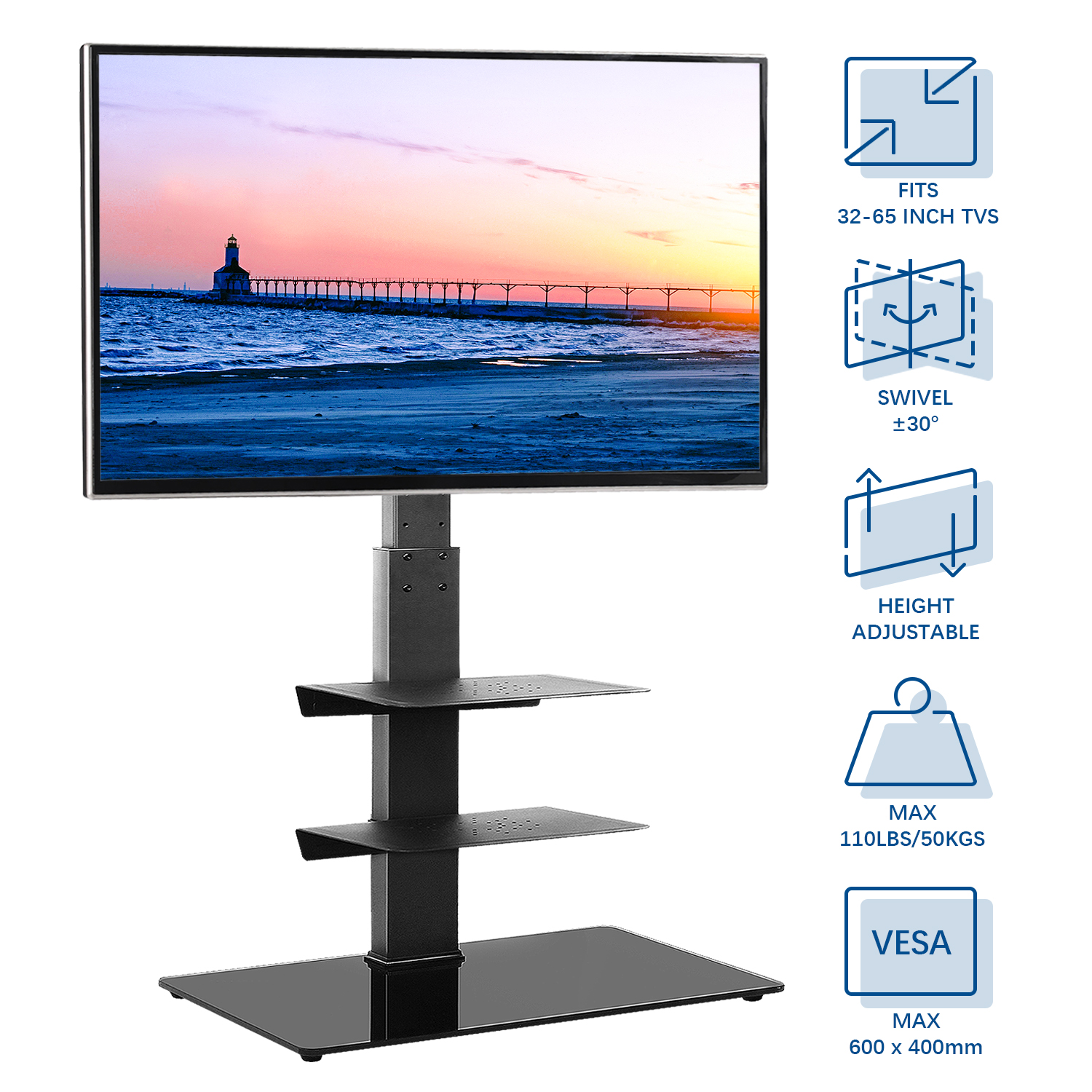 Universal Swivel Floor TV Stand with Shelves for 32-65 inch Flat Screen TVs