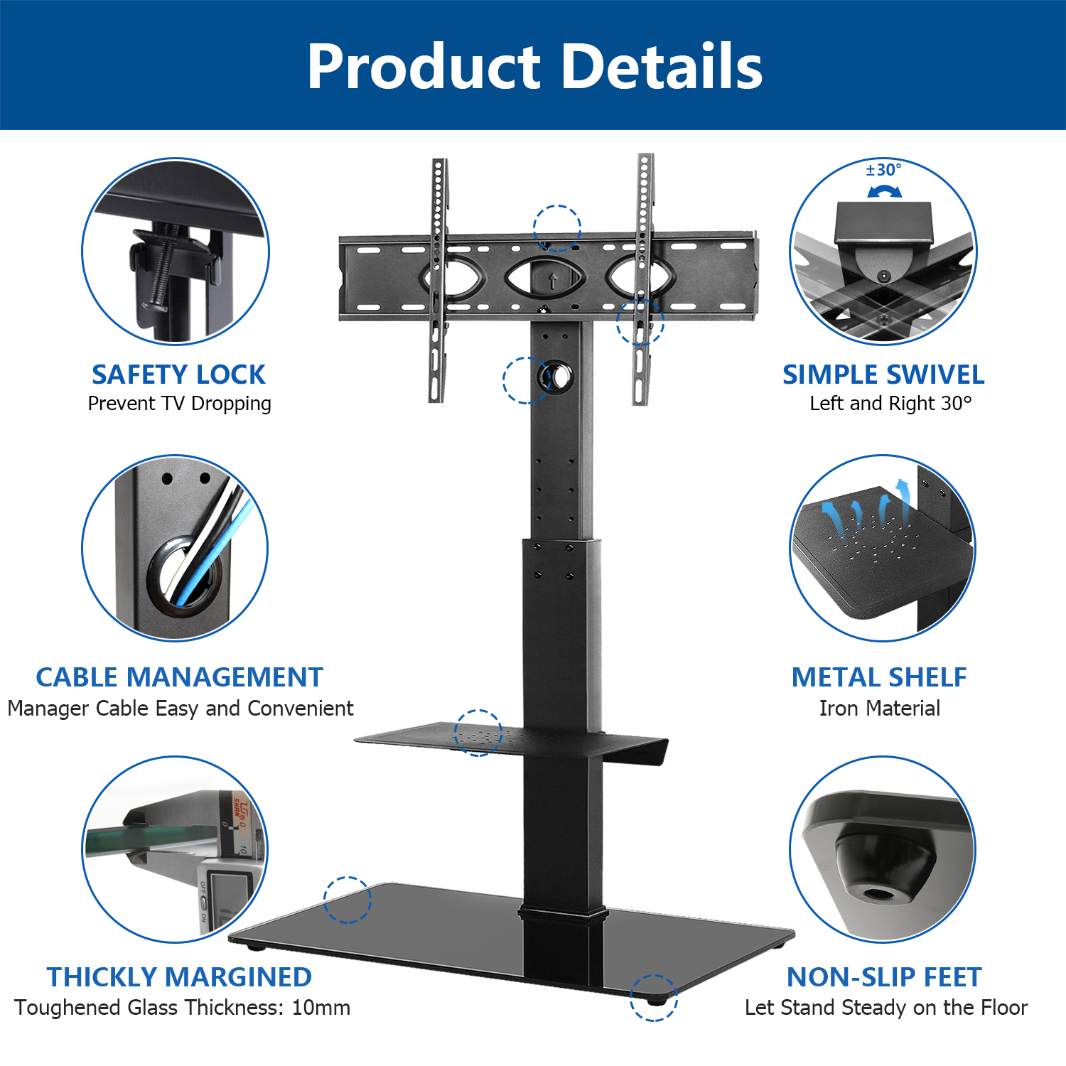 Glass Floor TV Stand with Swivel Mount for 32 to 65 inch Flat Screen TV ...