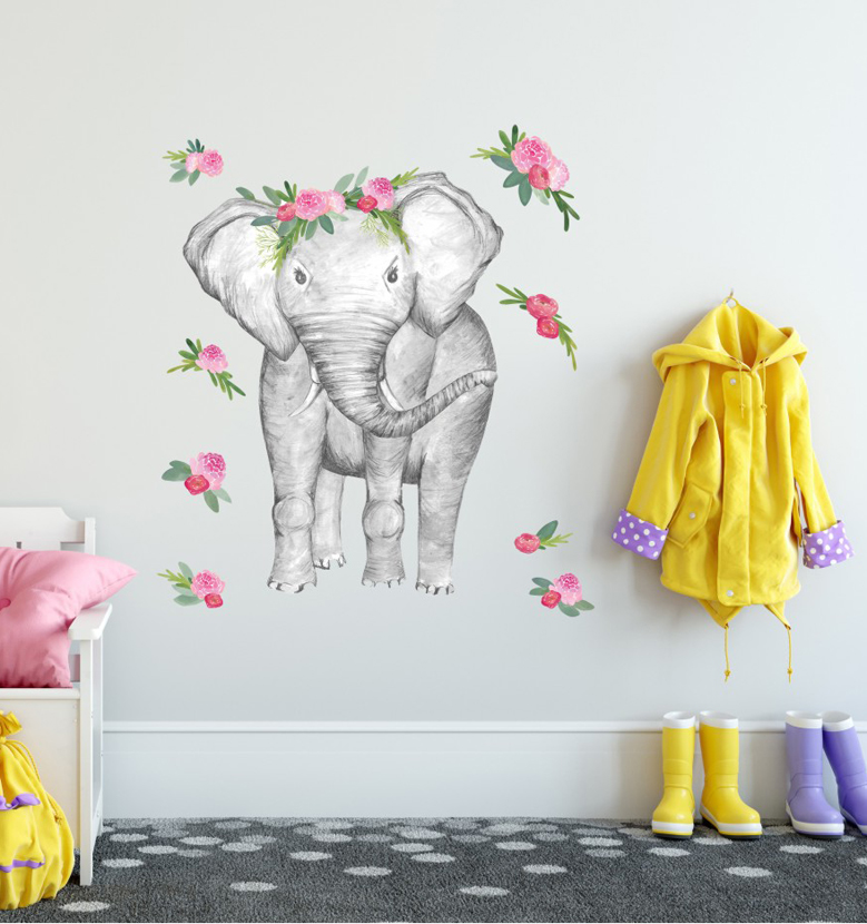Flowers Elephant Wall Art Sticker Kids Nursery Decor Removable