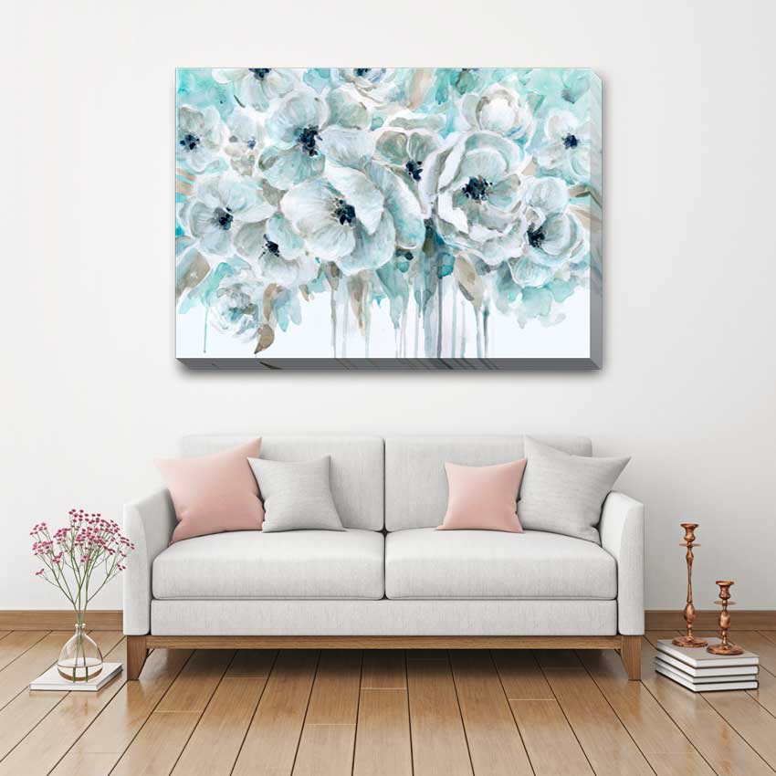 Teal Flower Blossom Stretched Canvas Print Framed Wall Art Decor 