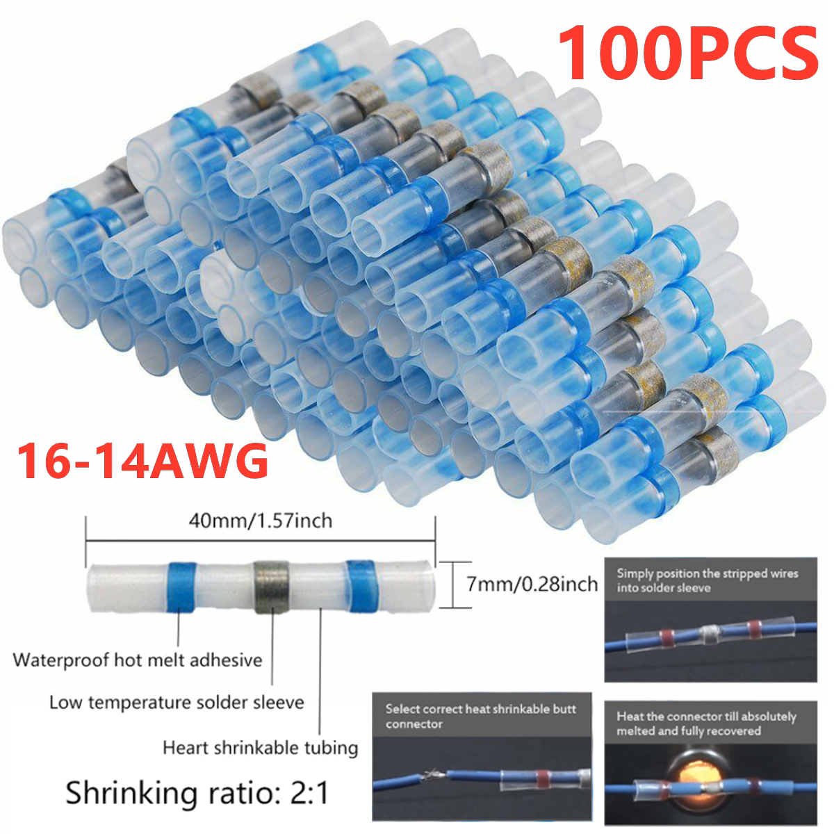 100X BU 14-16 Waterproof Heat Shrink Sleeves Connectors Electrical Wire Terminal