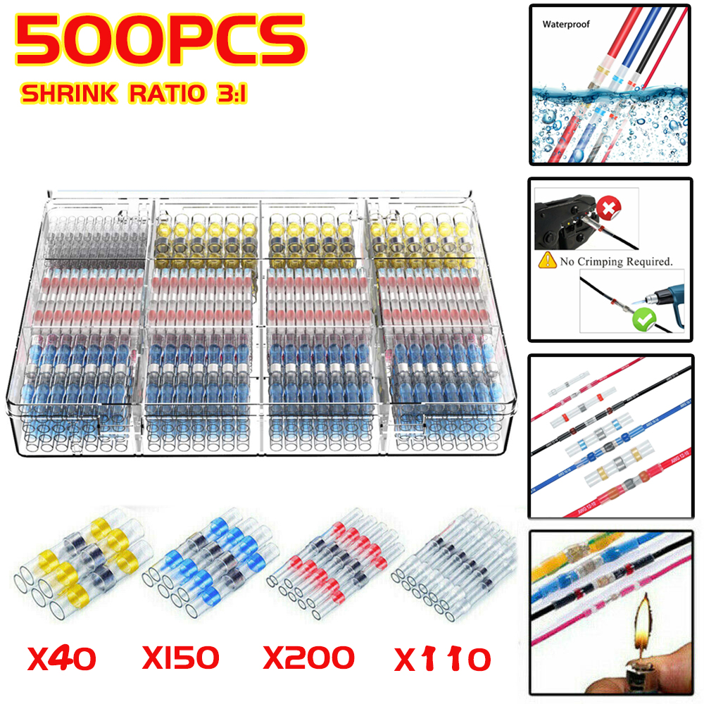 500PCS Solder Seal Wire Connectors Sopoby Heat Shrink Solder Butt Connectors