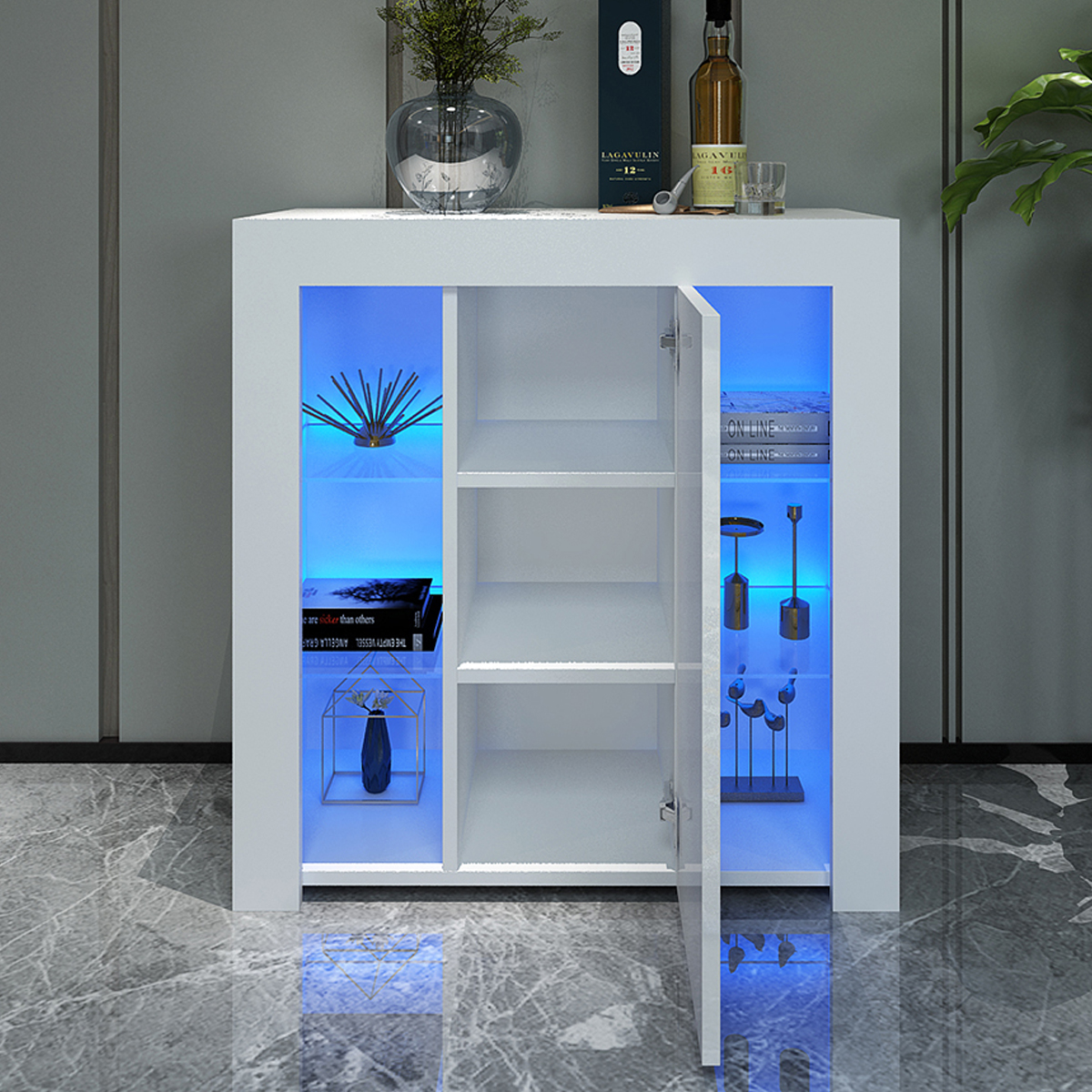 LED High Gloss Cabinet Cupboard sideboard TV Stand Unit+Doors Modern ...