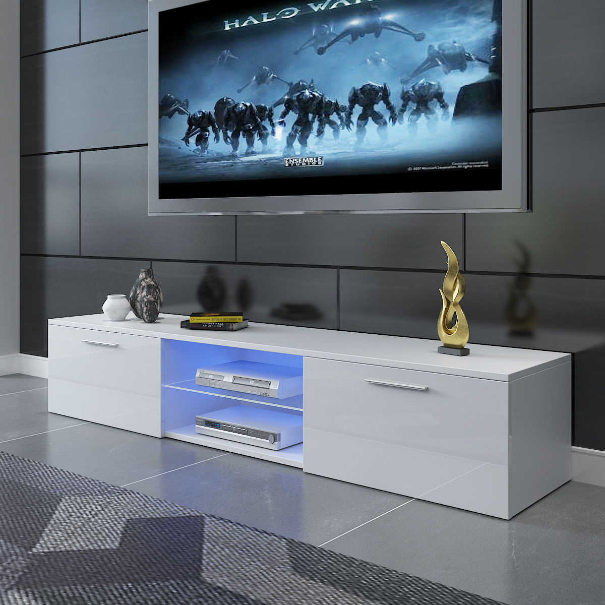 Modern White High Gloss & Matt Corner TV Unit Stand LED Lights