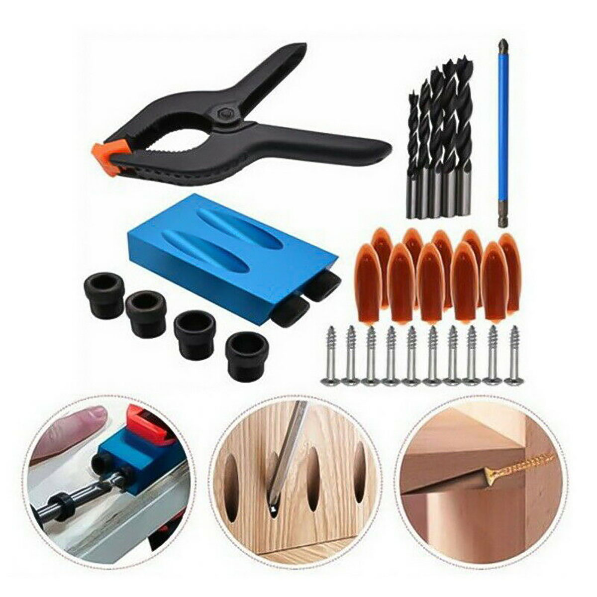 57PCS 15° Pocket Hole Screw Jig Dowel Drill Set Wood Tool kit Angle Hole Locator