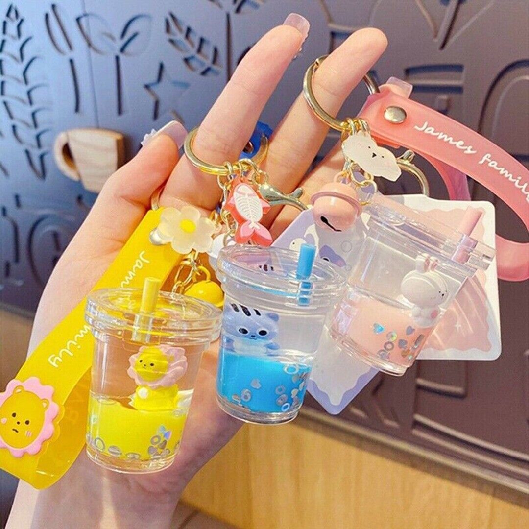 Boba Keychain Milk Tea Cup Key Ring,Cartoon Cat Car Keychain Mini Milk Tea  Cup Liquid Crystal Sequin Key Ring Bag Pendant