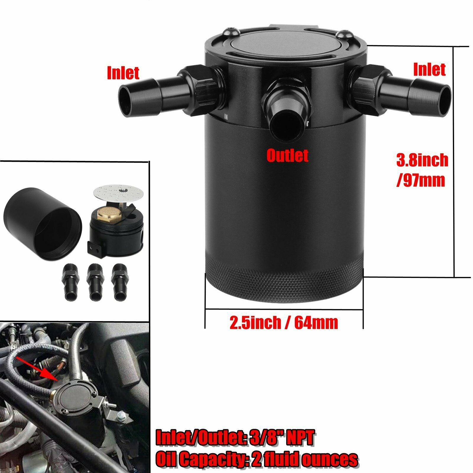  Sporacingrts 3 Port Oil Catch Can, 1 oulet + 2 intlet Compact  Baffled Engine Oil Reservoir Tank with Breather Filter + Drain Valve :  Automotive