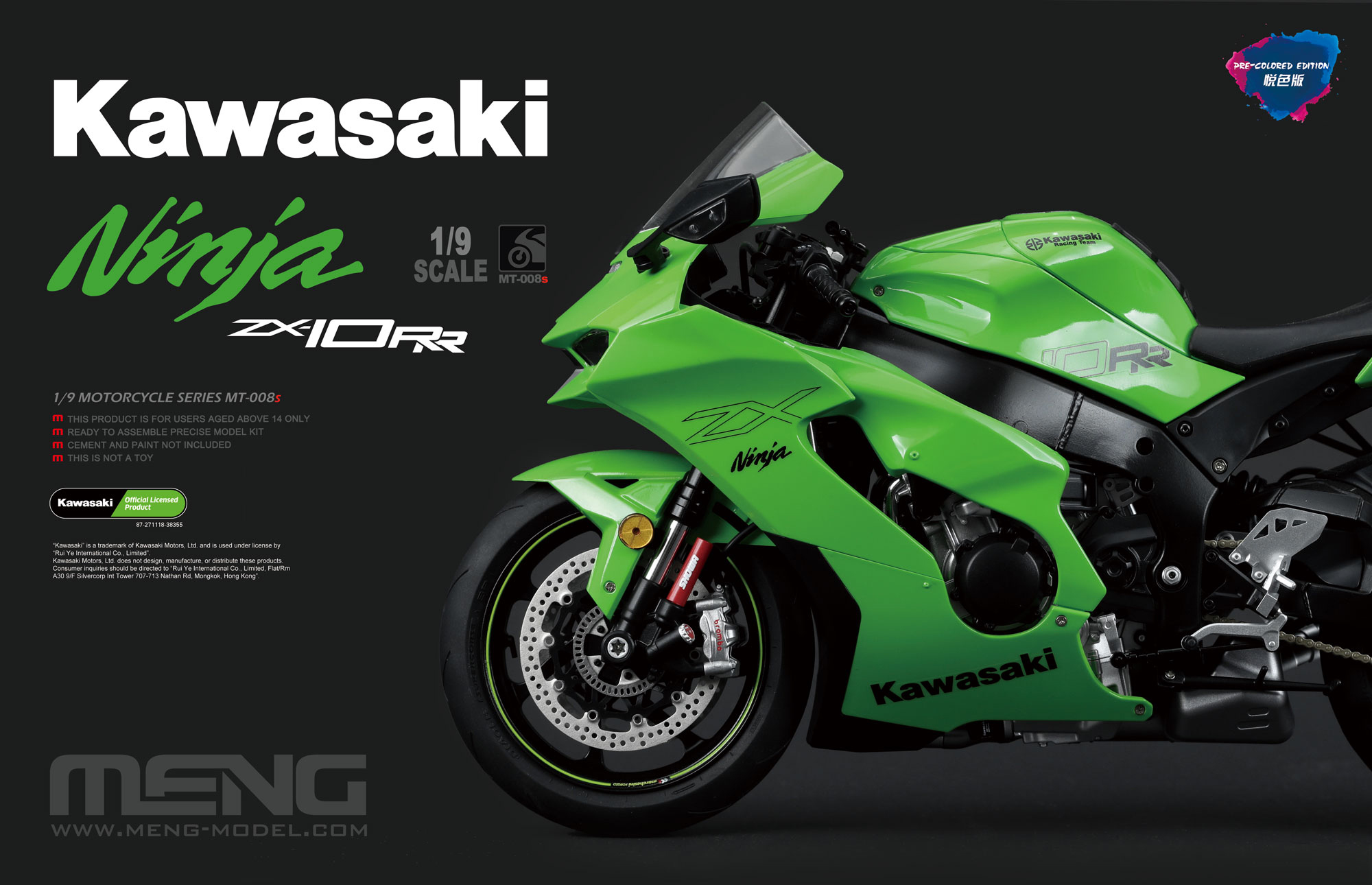 MENG MT-008S 1/9 Kawasaki NINJA ZX-10RR Motorcycle Pre-colored w