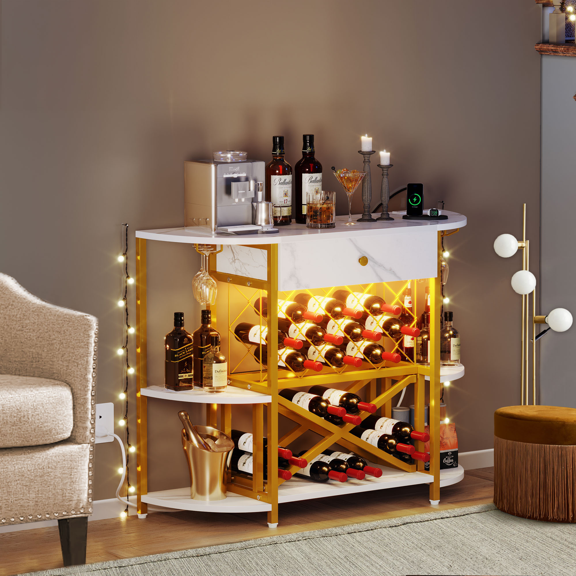 Wine Cabinet Auromie Wine Bar Cabinet With Led Light, Home Coffee