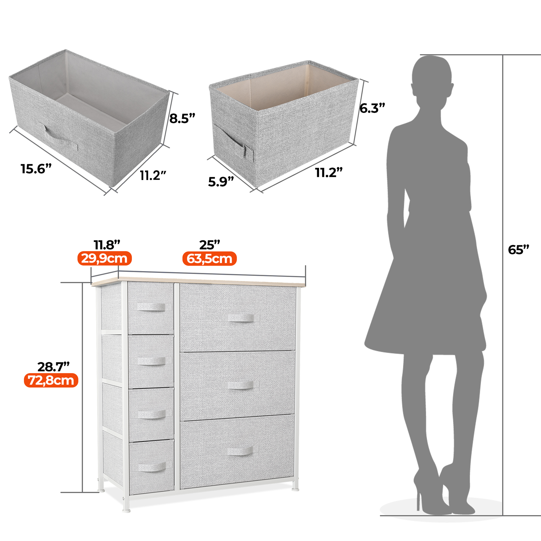 7-Drawer Fabric Dresser With Wooden Top - Tall Storage Tower For Bedroom, Living Room, Entryway - Grey, Metal Frame