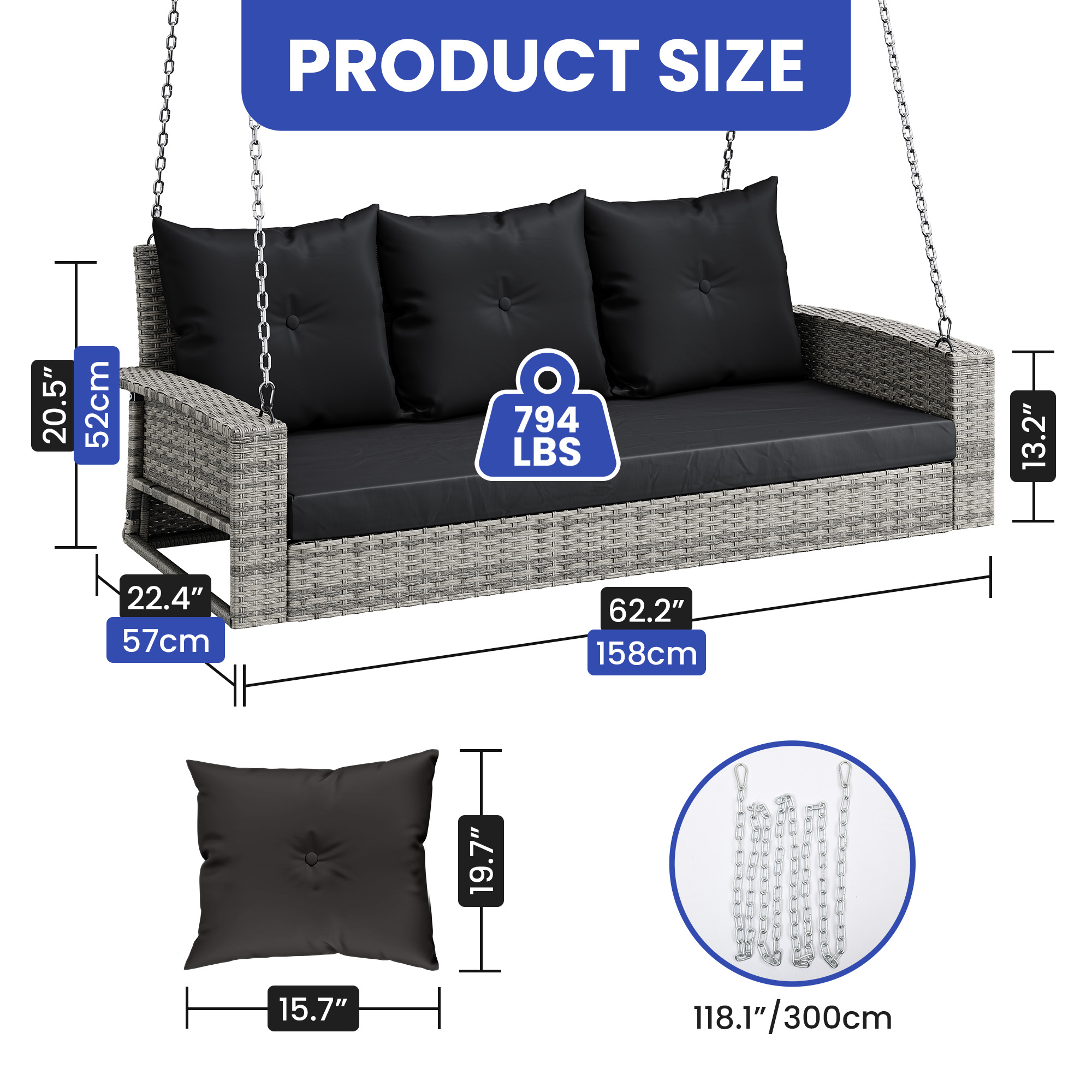 YITAHOME Wicker Hanging Porch Swing Chair Outdoor Brown Rattan Patio