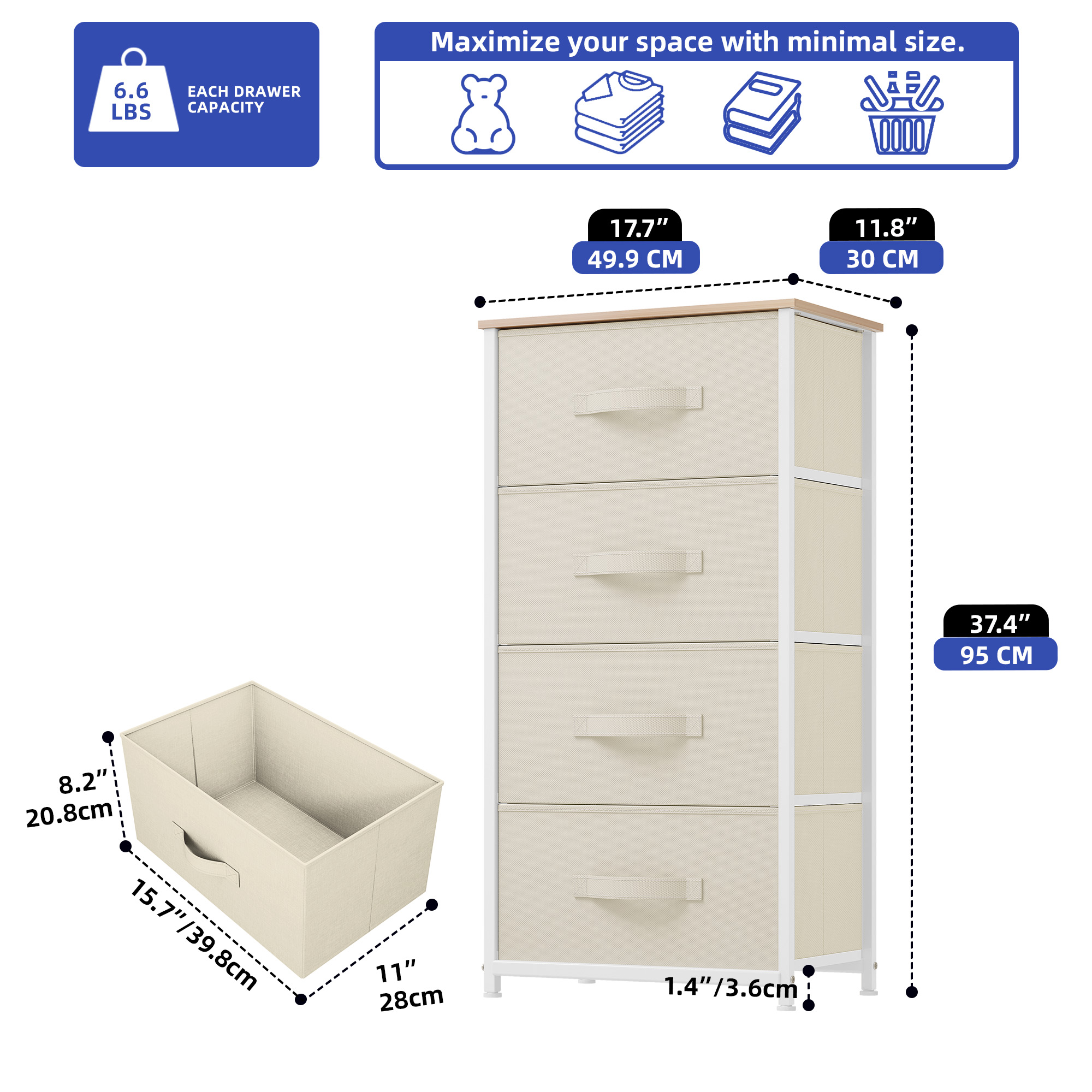 Chest of 4 Drawers Dresser White Tower Organizer Bedroom Storage ...