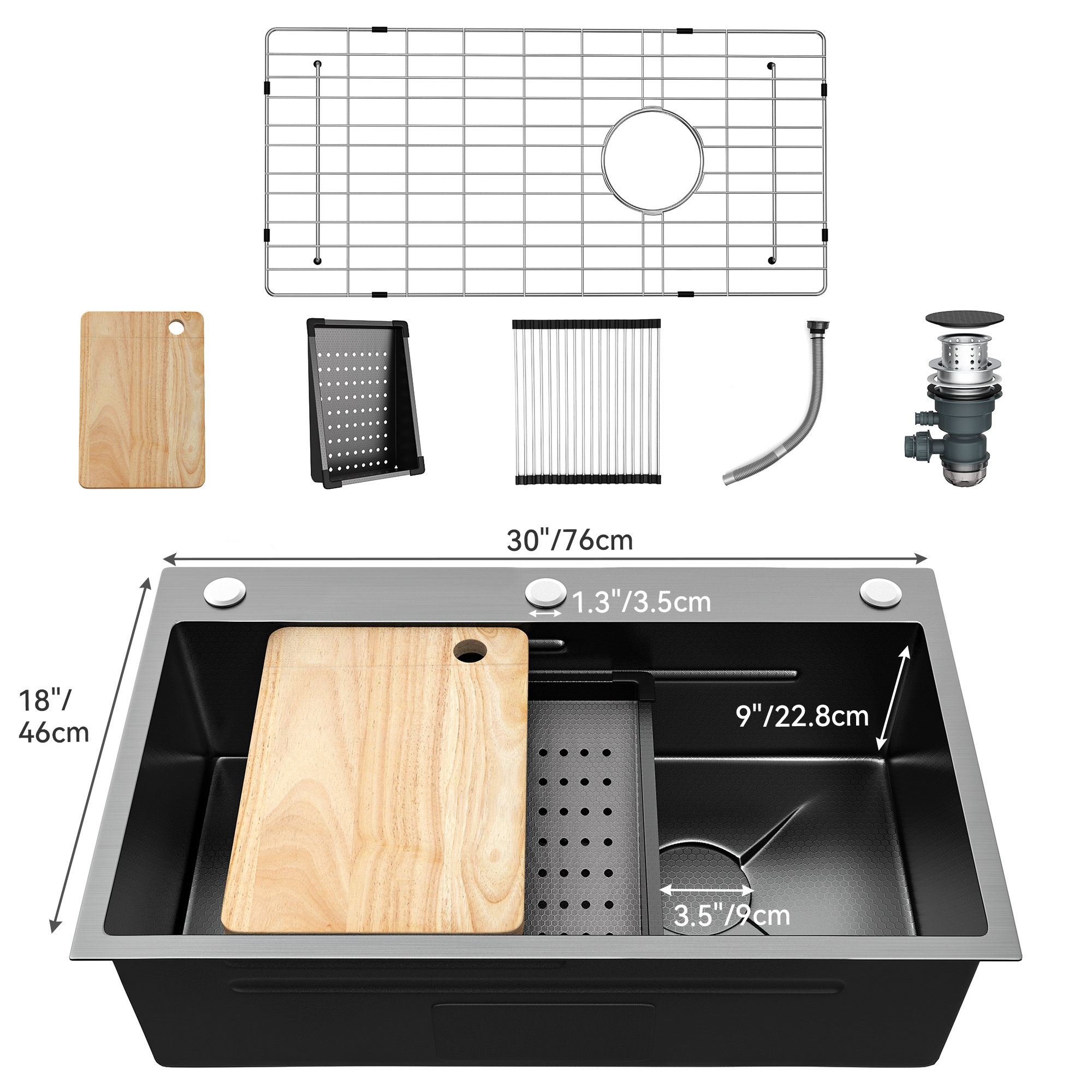 Drop In Kitchen Sink Workstation 30/32/33 Inch w/Stainless Steel Nano Black Sink-image