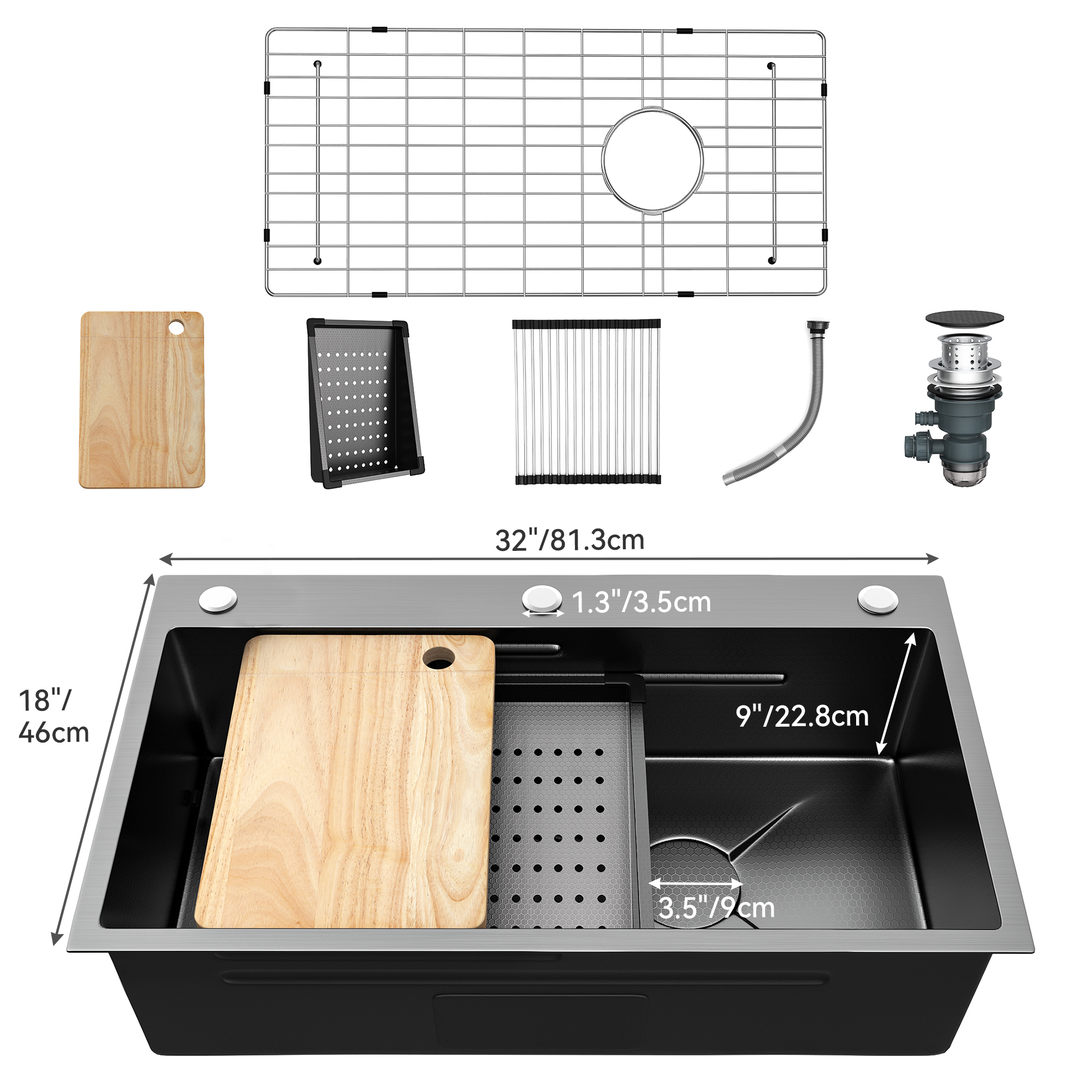 Drop In Kitchen Sink Workstation 30/32/33 Inch w/Stainless Steel Nano Black Sink-image