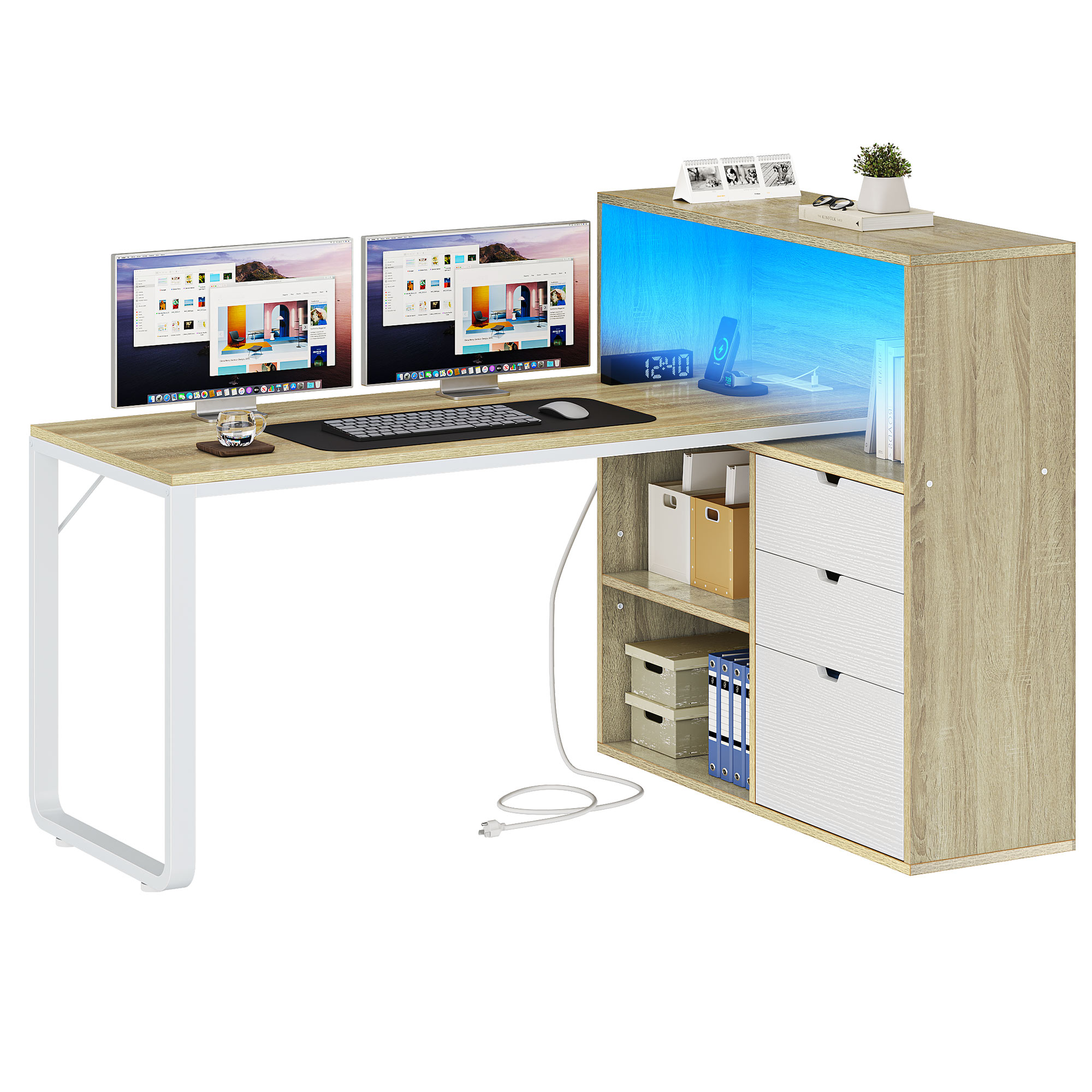 55" Computer Desk L Shaped Desk with Drawers & Power Outlets with Bookshelf - Picture 20 of 22