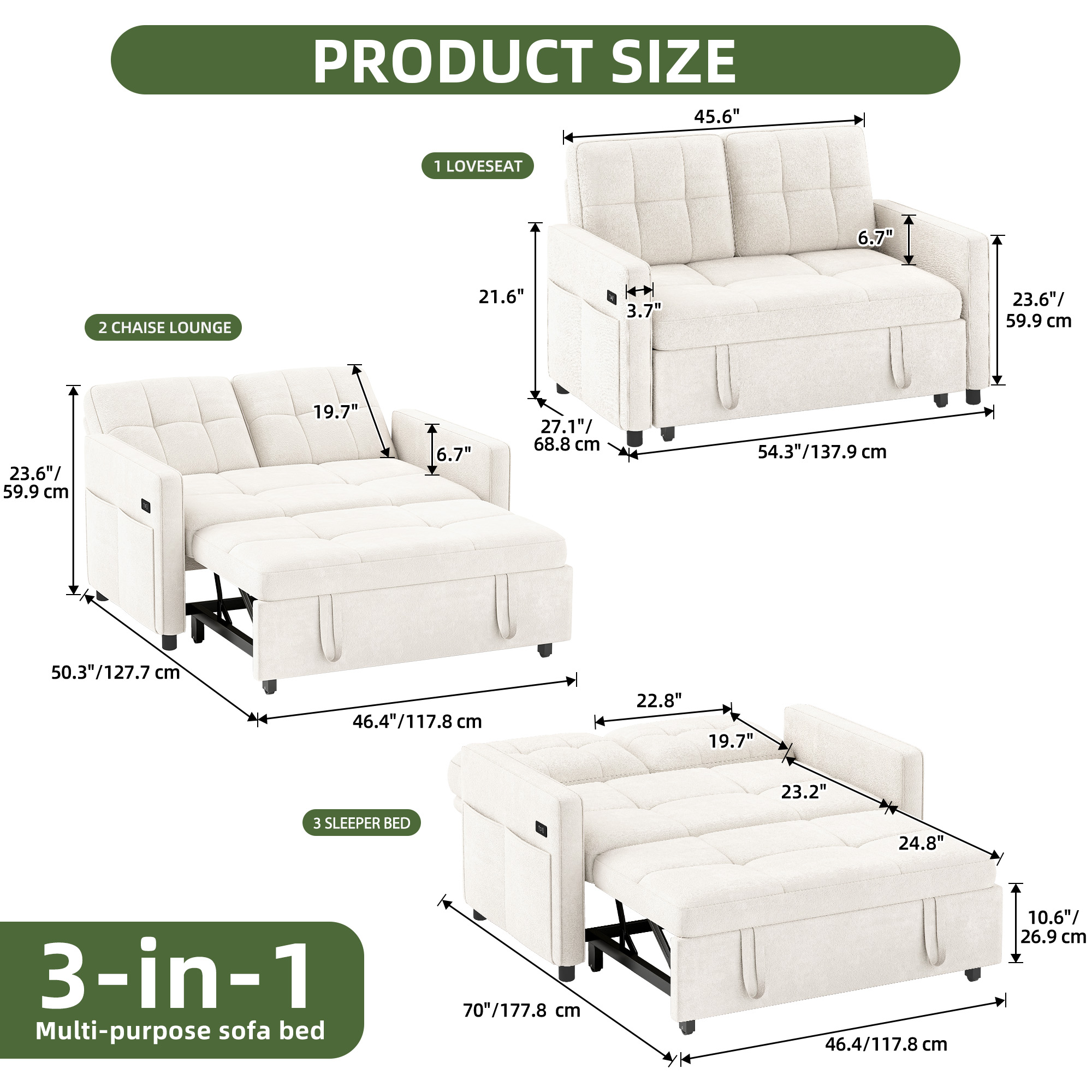 3 in 1 Convertible Sofa Bed 54" Sleeper Sofa Loveseat Velvet Futon Couch