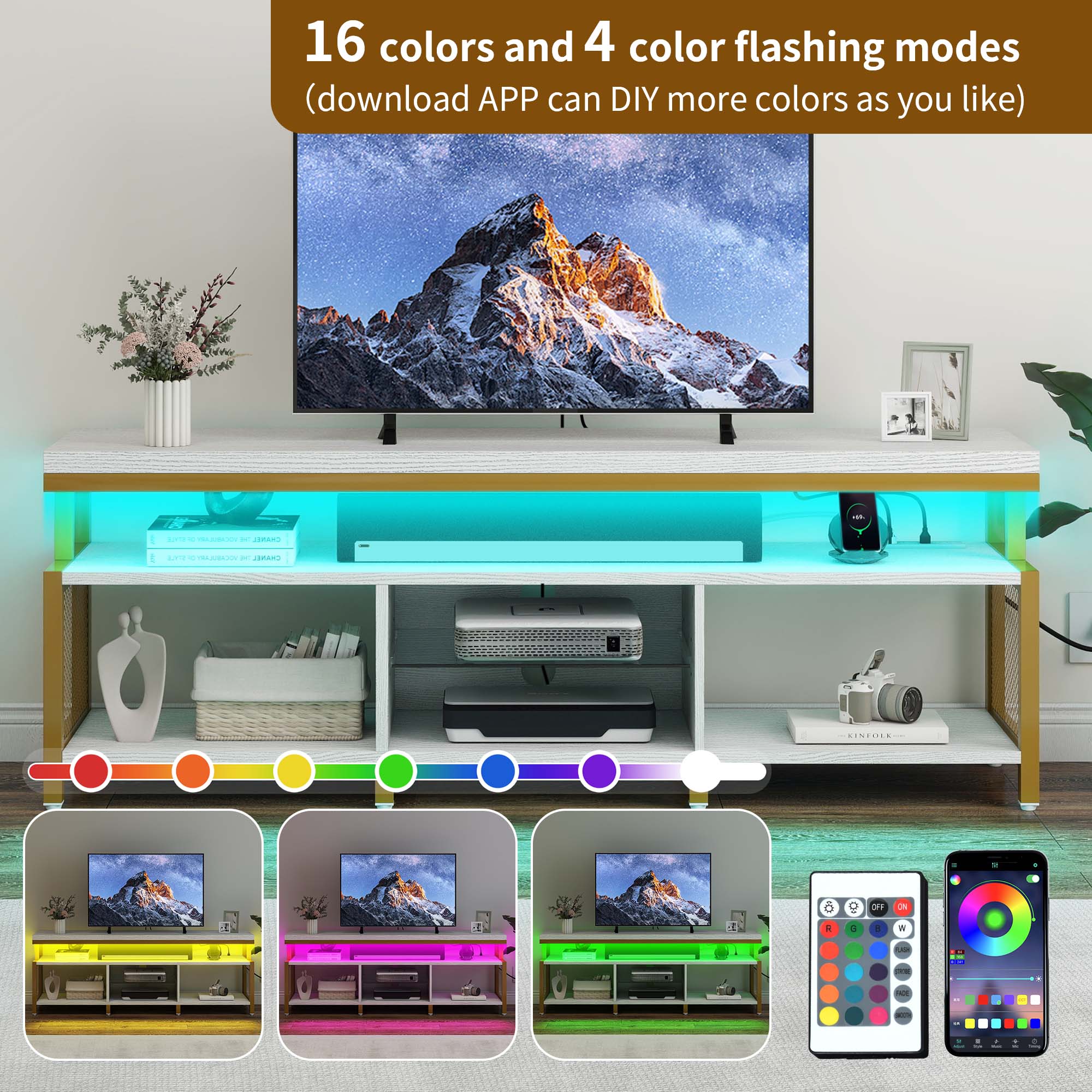 LED TV Stand for 70/65in TV Entertainment Center with Storage & Charging Station - Picture 27 of 31
