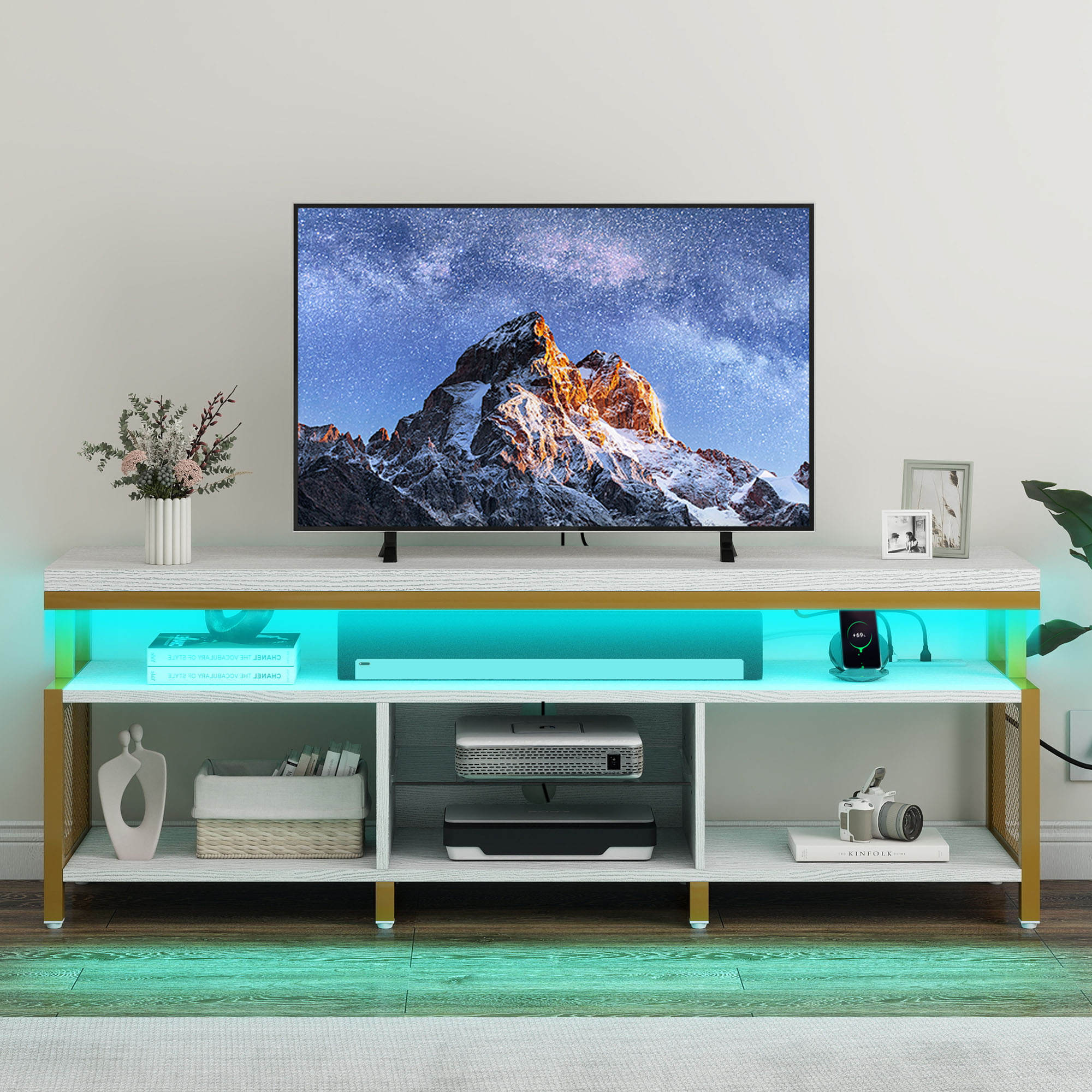 LED TV Stand for 70/65in TV Entertainment Center with Storage & Charging Station - Picture 29 of 31