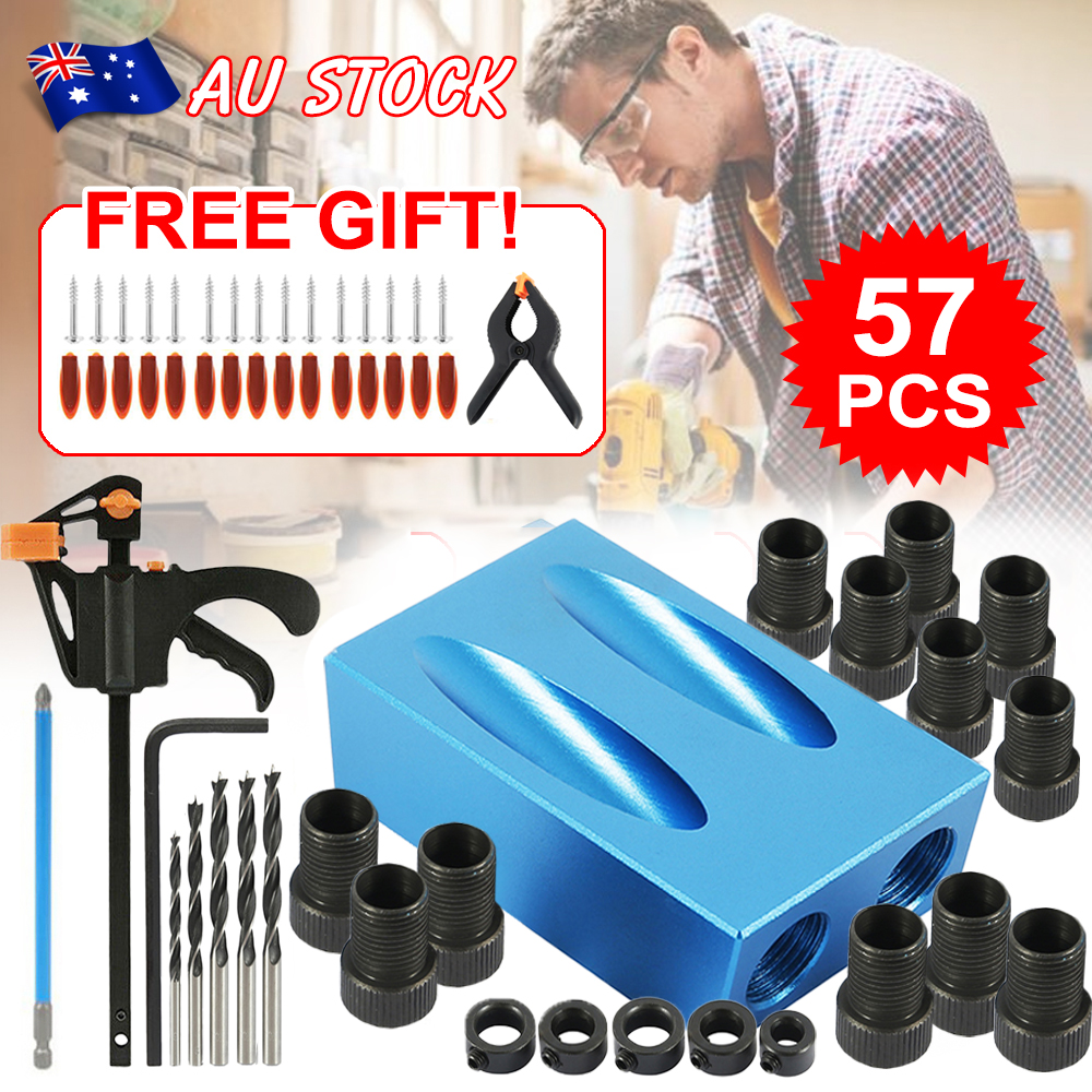 57PCS 15° Pocket Hole Screw Jig Dowel Drill Set Wood Tool kit Angle Hole Locator