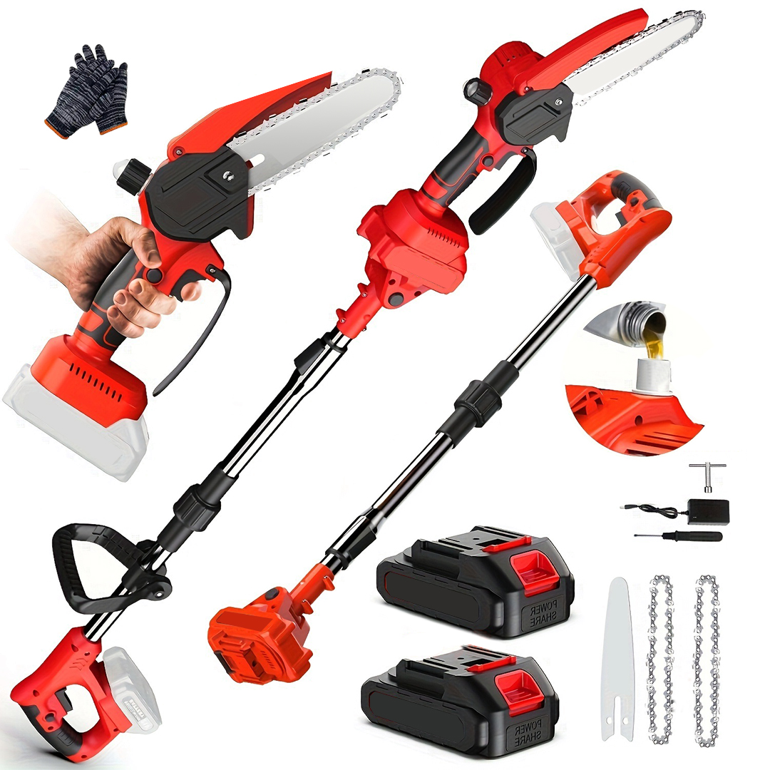 2 IN 1 Pole Chainsaw Cordless Long Reach Cutter Pruner Saw 2 Batteries + Charger
