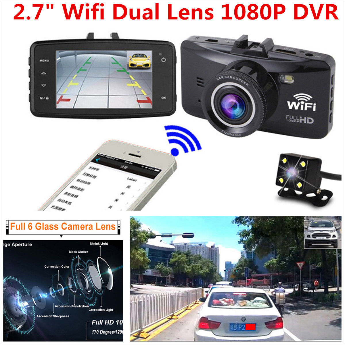 HD 2.7/" Wifi Car Camera Cam Dual Lens GPS Dash DVR Video Vehicle Crash Recorder