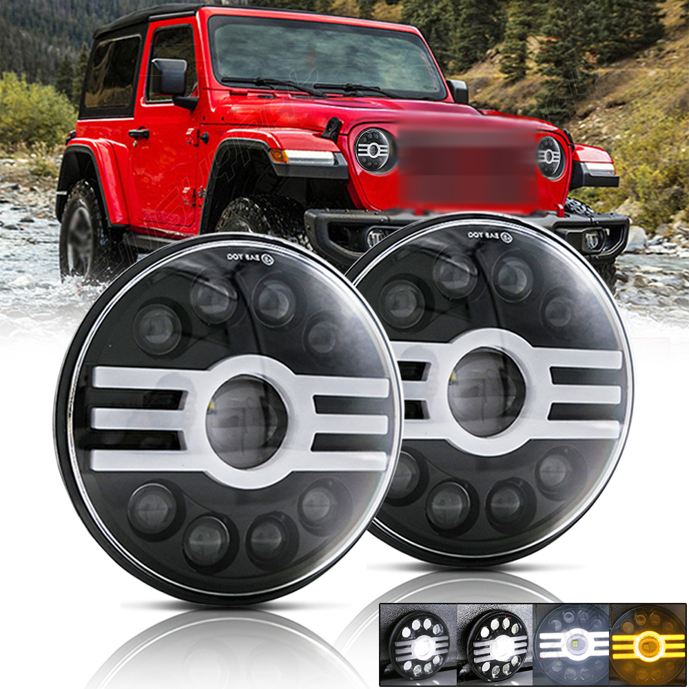 60 Watt Defender 7 Inch LED Headlight Kit – High Low Beam W Drl Turn Signal Light Halo Headlight Assembly For Land Rover Defender Fog Driving Light Black Model