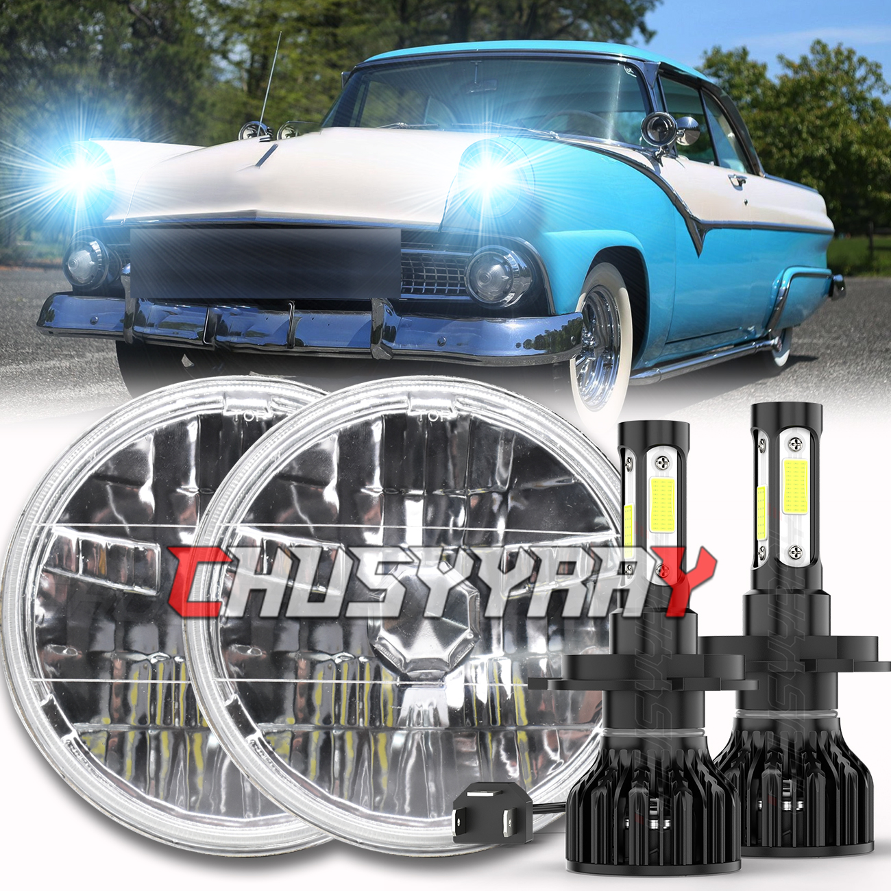 Fit Ford Fairlane 1955 1956 1957 Pair 7" Round Led Headlights High Low Beam