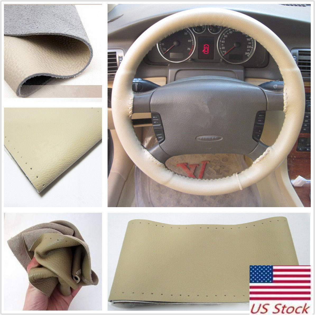 DIY Leather Car Auto Steering Wheel Cover 38cm With Needles and Thread US Stock
