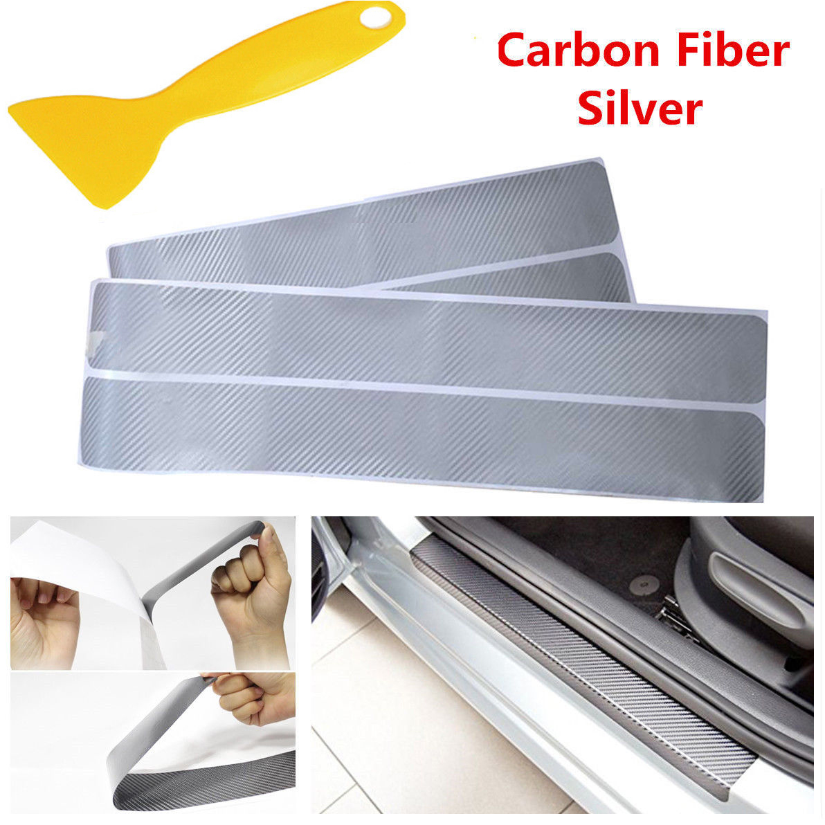Color Name: Silver Carbon Fiber Vinyl Sticker Car Door Sill Protector Scuff Plate for Ford F150 F-150 Car Accessories