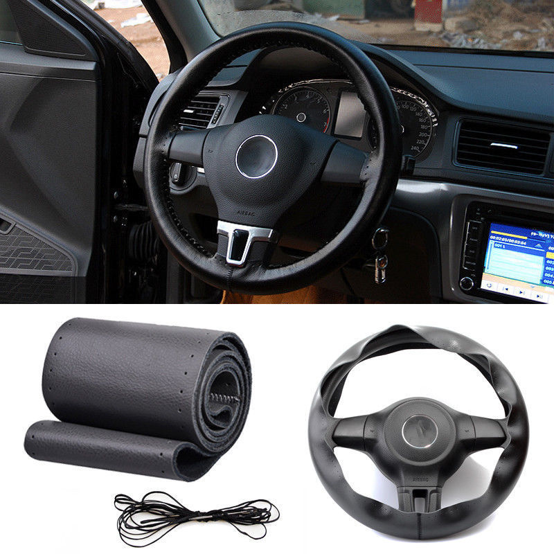 Black Genuine Leather Steering Wheel Cover Sweat Non-Slip Needle Cord For MDX TL