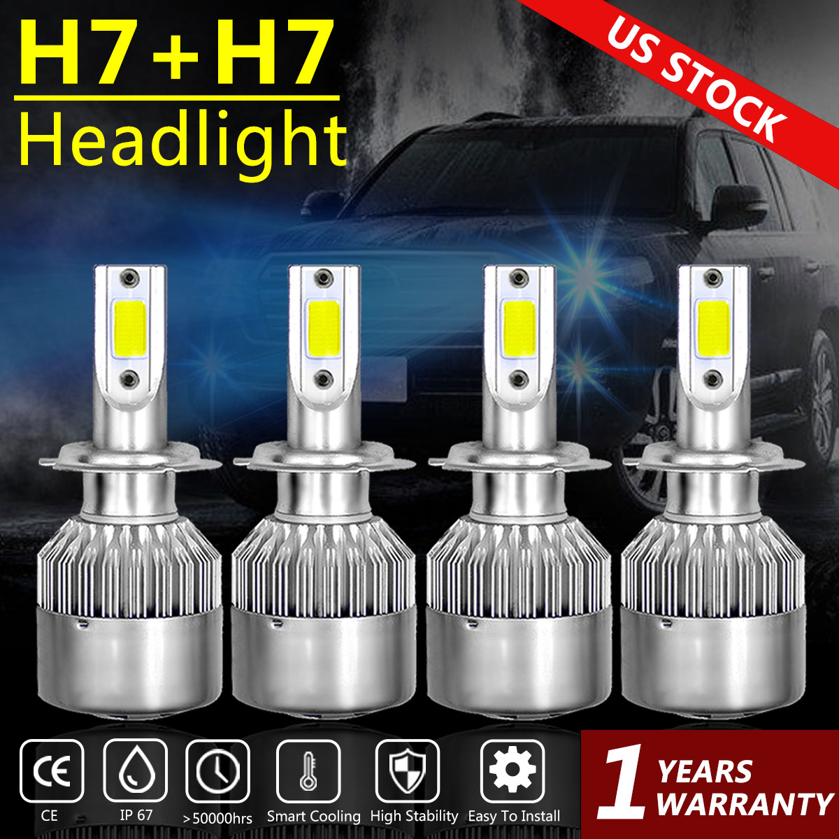 4x H7 8000k Ice Blue Cob Led Headlight Conversion Kit High Low Beam Fog Lights Car Truck Led Light Bulbs