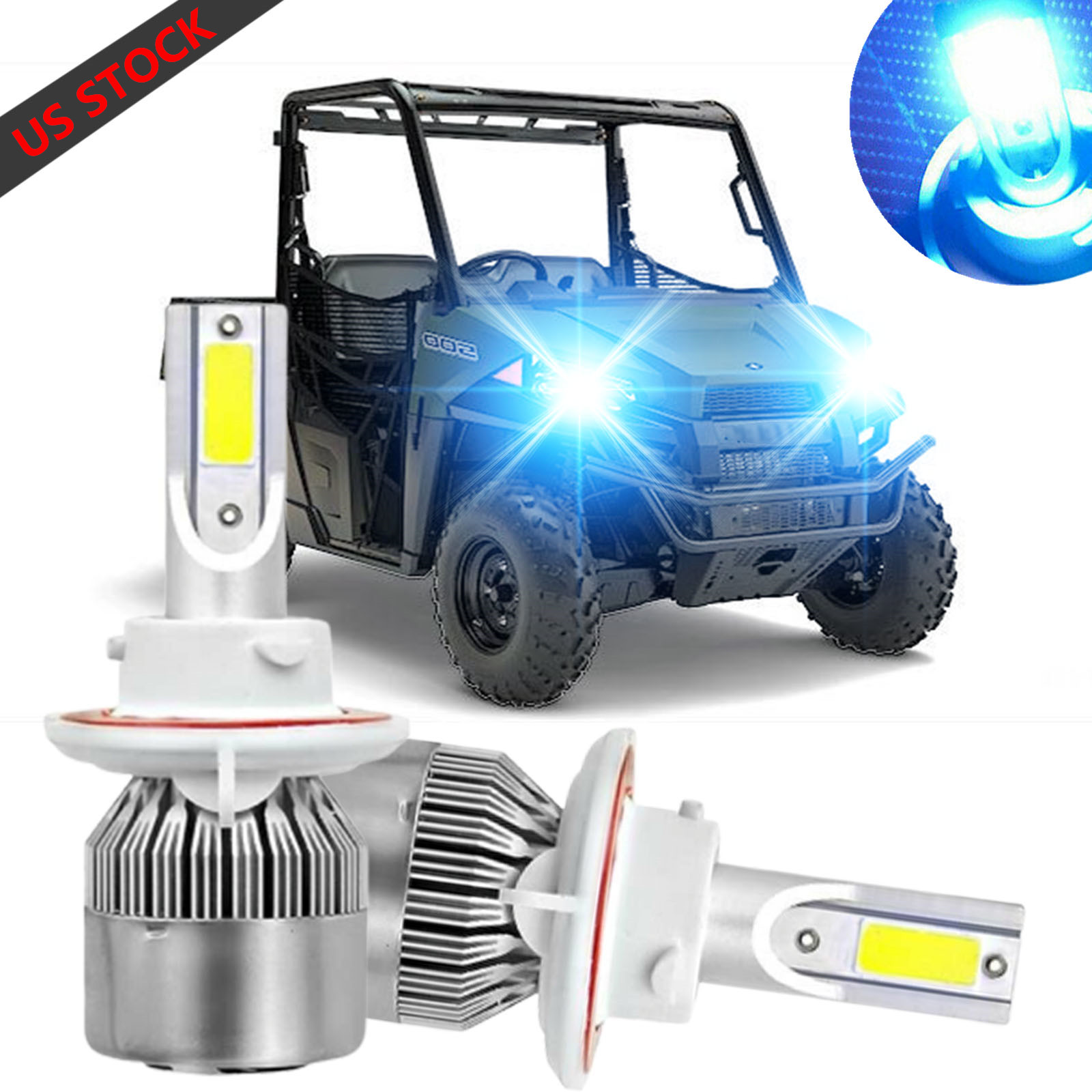 Ice Blue H13 LED Bulb High Low Beam Headlight Kit For Polaris RZR Ranger General